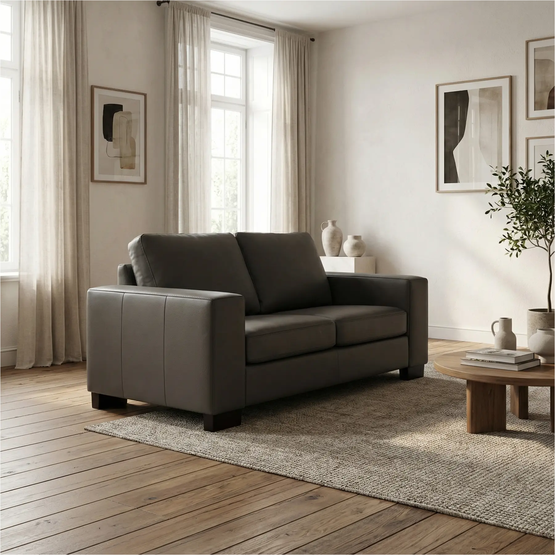 afbeelding van Leren bank Enjoy - 2 zits - Hermes Antracite (donkergrijs) - Poten hout zwart