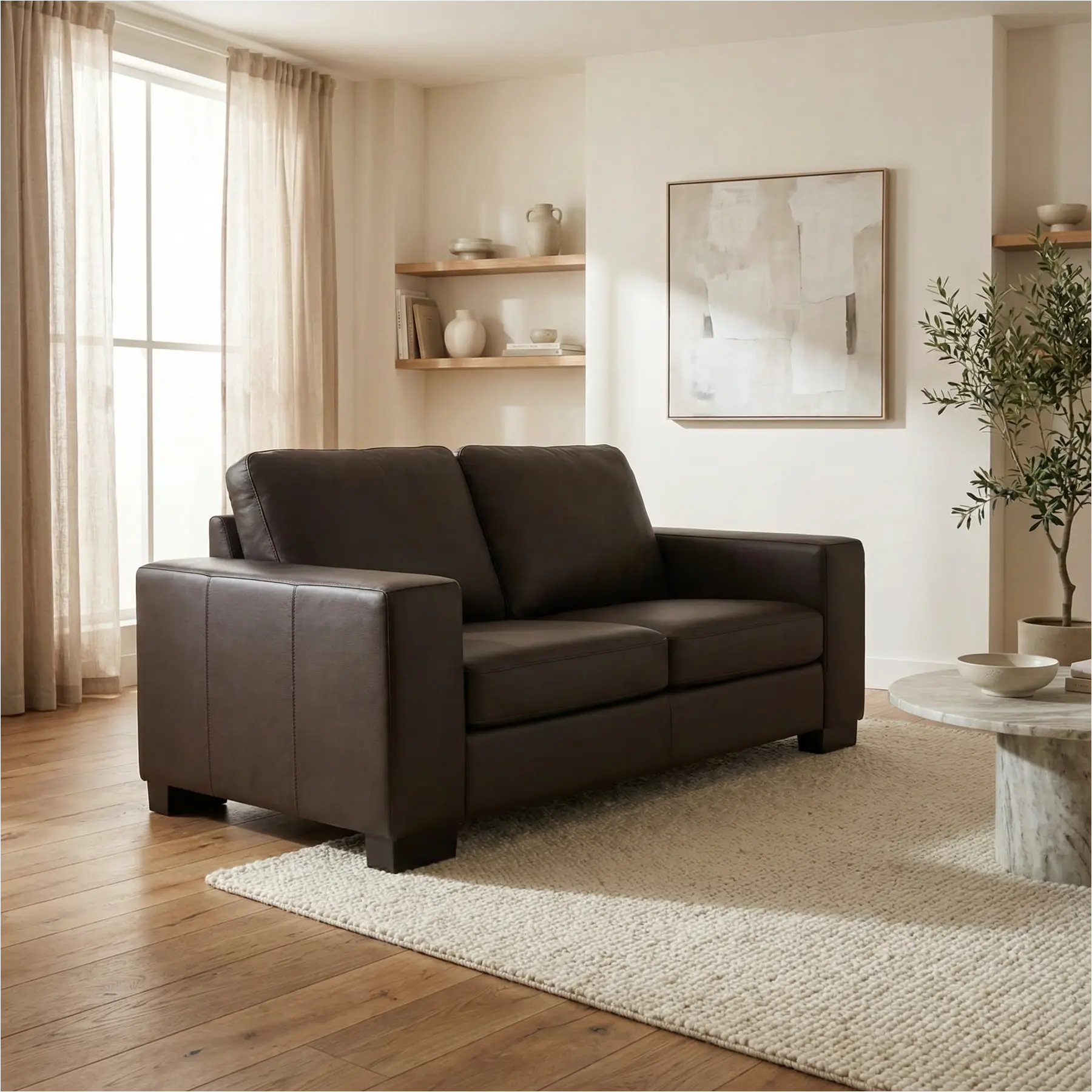 afbeelding van Leren bank Enjoy - 2 zits - Hermes Caffe (donkerbruin) - Poten hout zwart