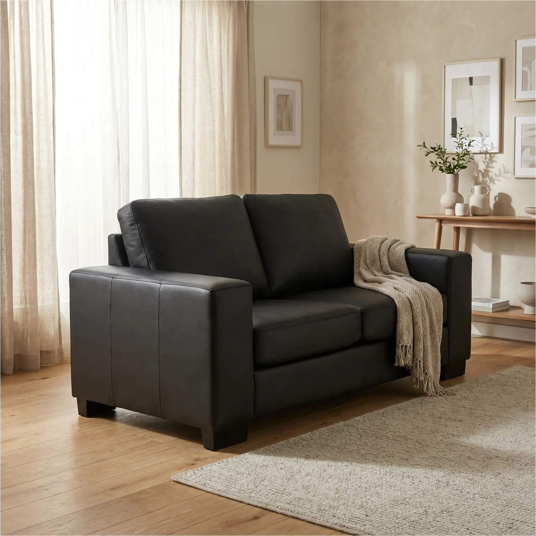 afbeelding van Leren bank Enjoy - 2 zits - Hermes Nero (zwart) - Poten hout zwart