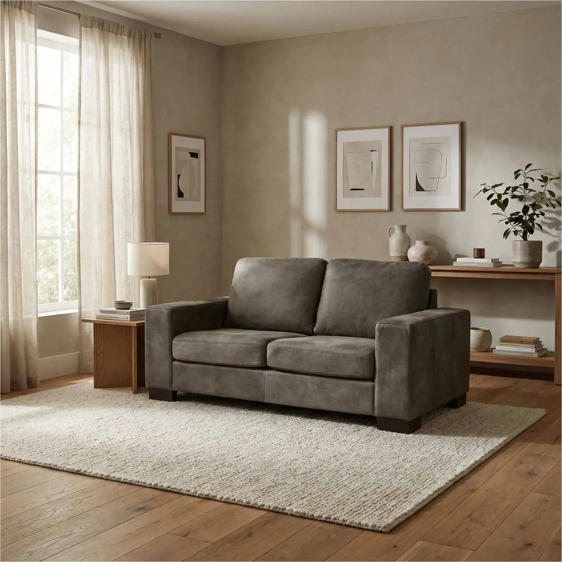 afbeelding van Leren bank Enjoy - 2 zits - Kenia Antracite (grijs) - Poten hout bruin