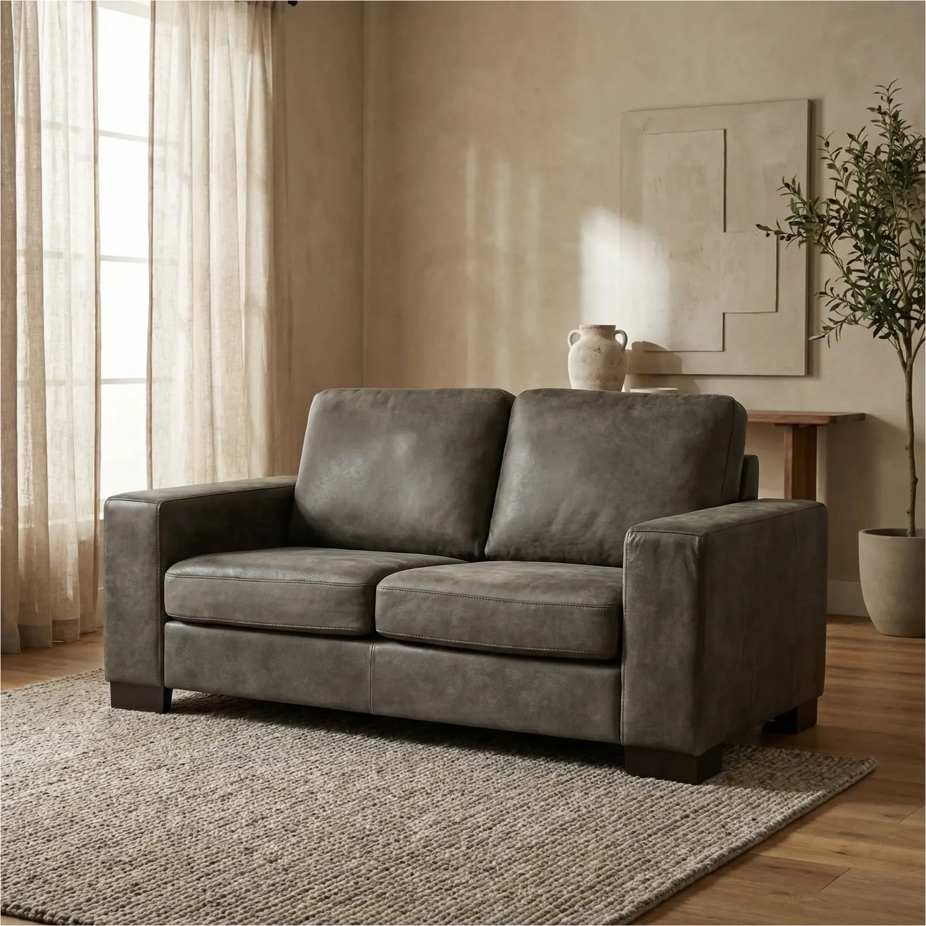 afbeelding van Leren bank Enjoy - 2 zits - Kenia Antracite (grijs) - Poten hout zwart