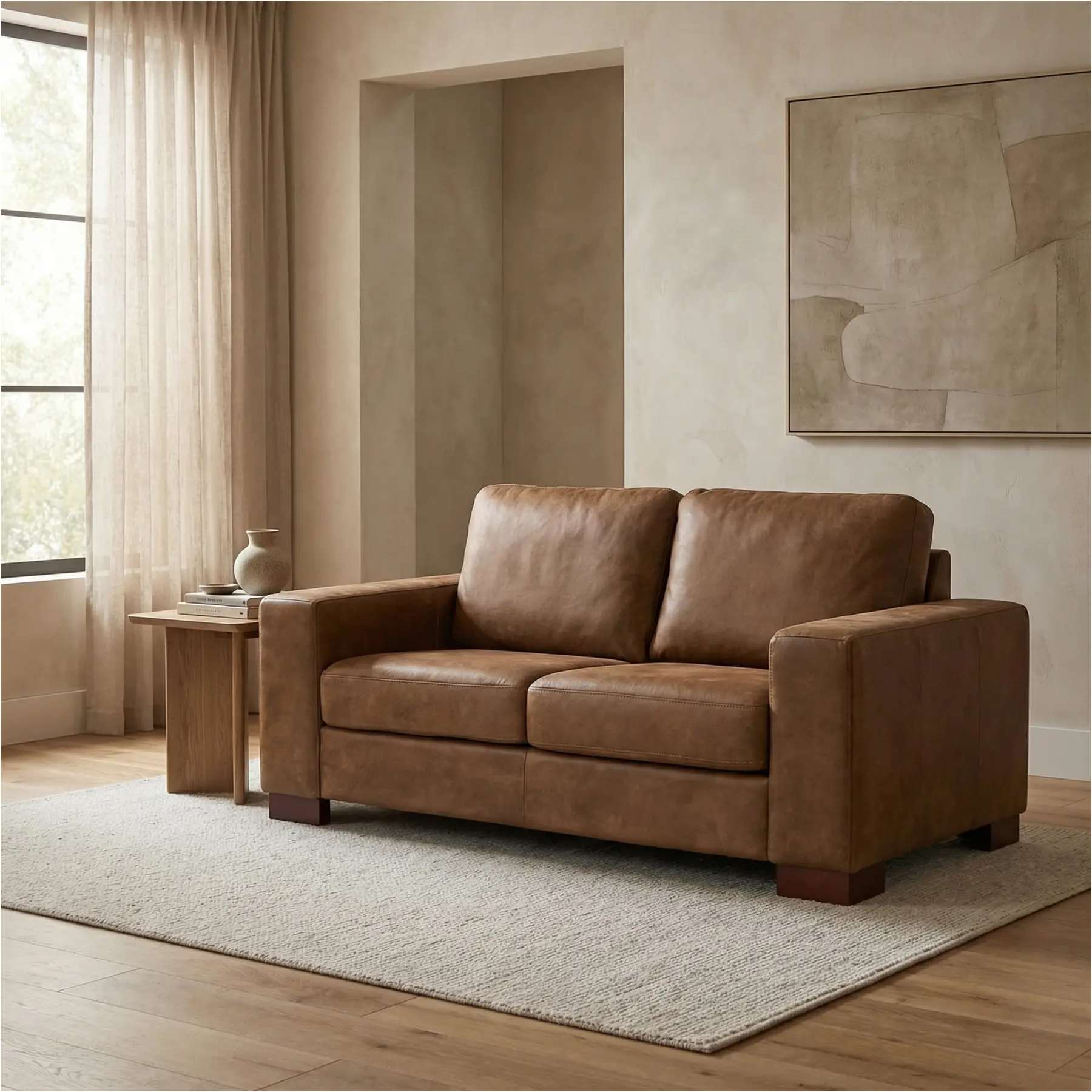 afbeelding van Leren bank Enjoy - 2 zits - Kenia Brown (bruin) - Poten hout bruin