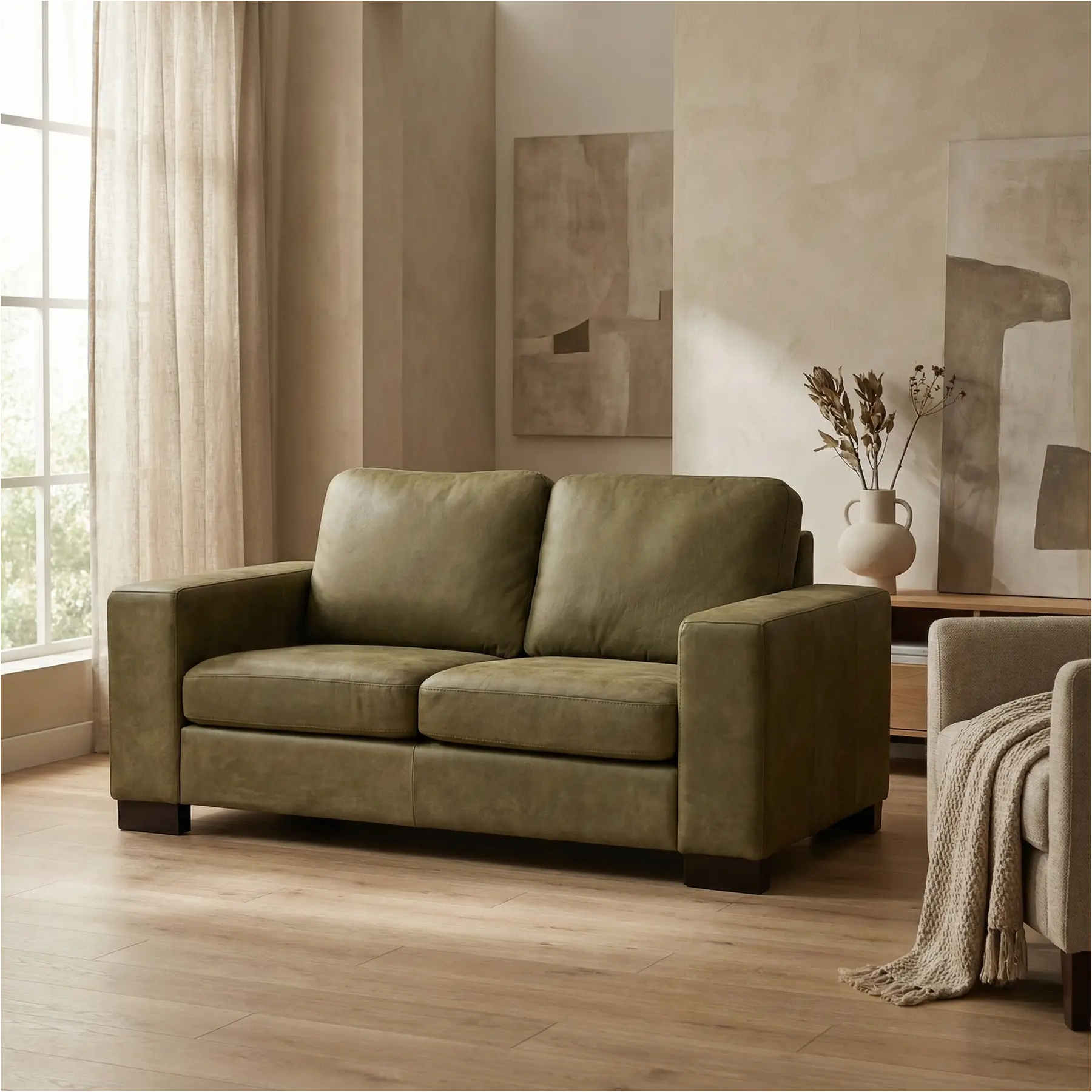 afbeelding van Leren bank Enjoy - 2 zits - Kenia Olive (olijf) - Poten hout bruin