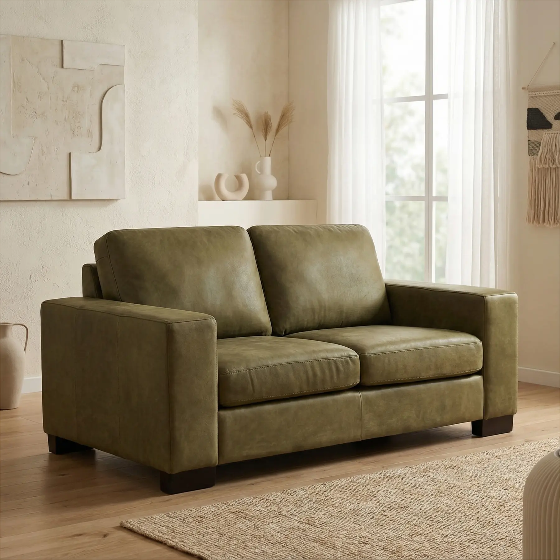 afbeelding van Leren bank Enjoy - 2 zits - Kenia Olive (olijf) - Poten hout zwart