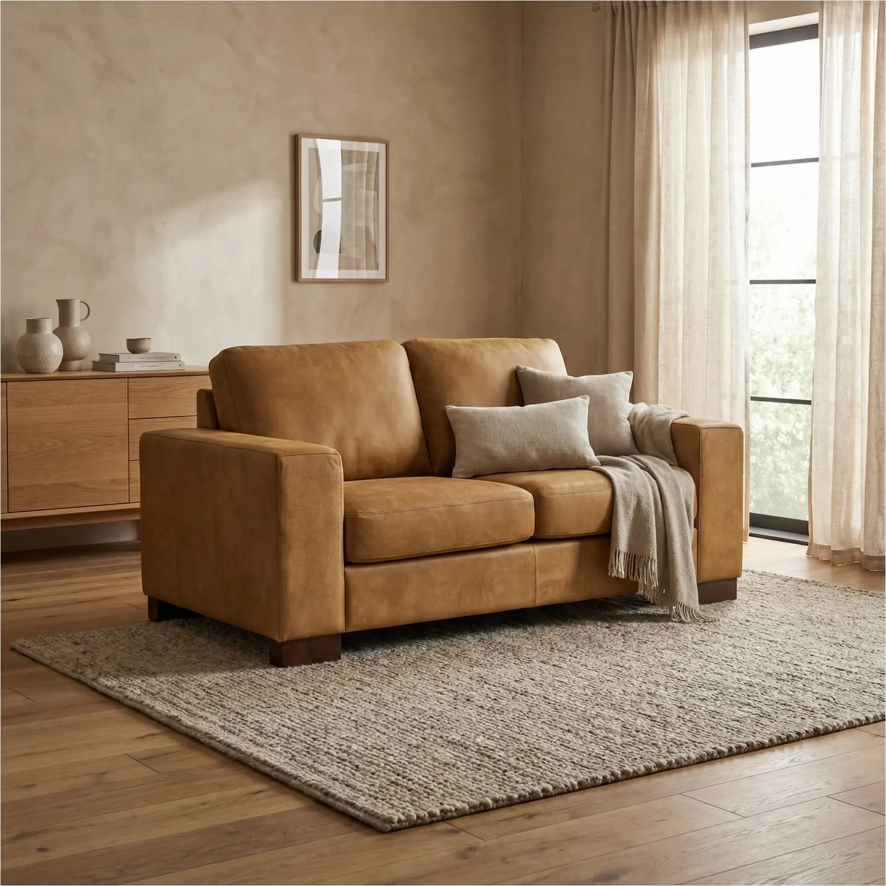 afbeelding van Leren bank Enjoy - 2 zits - Kenia Walnut (cognac) - Poten hout bruin