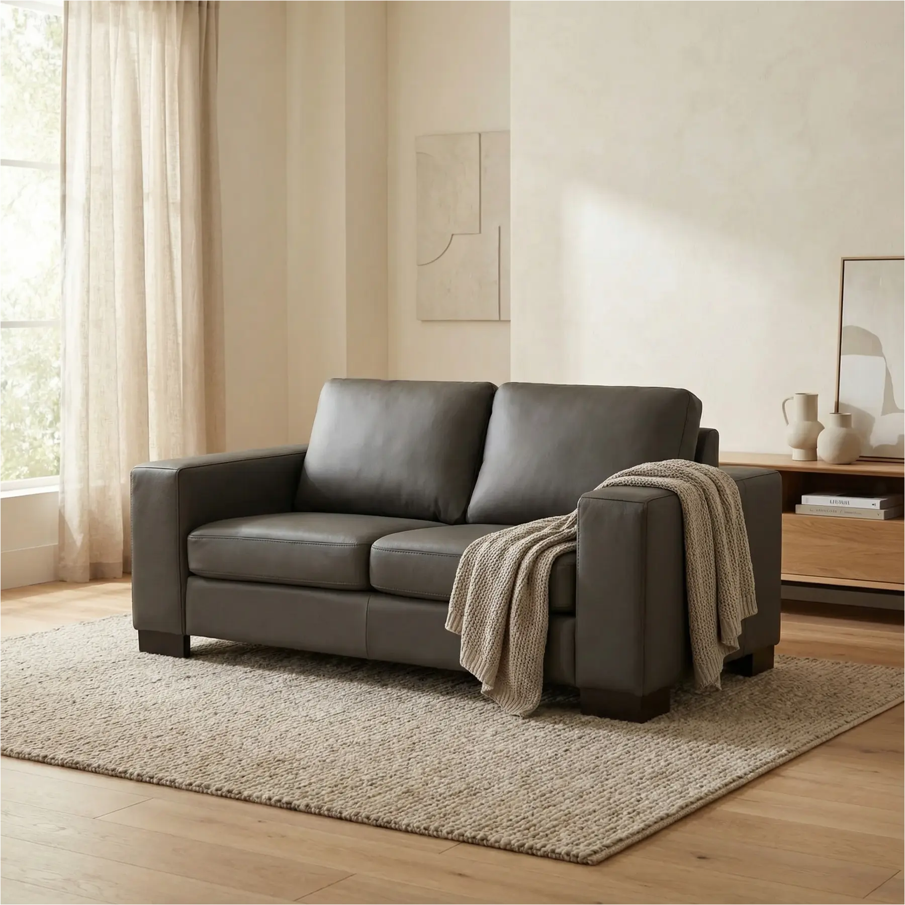 afbeelding van Leren bank Enjoy - 2 zits - Toledo Antracite (donkergrijs) - Poten hout zwart