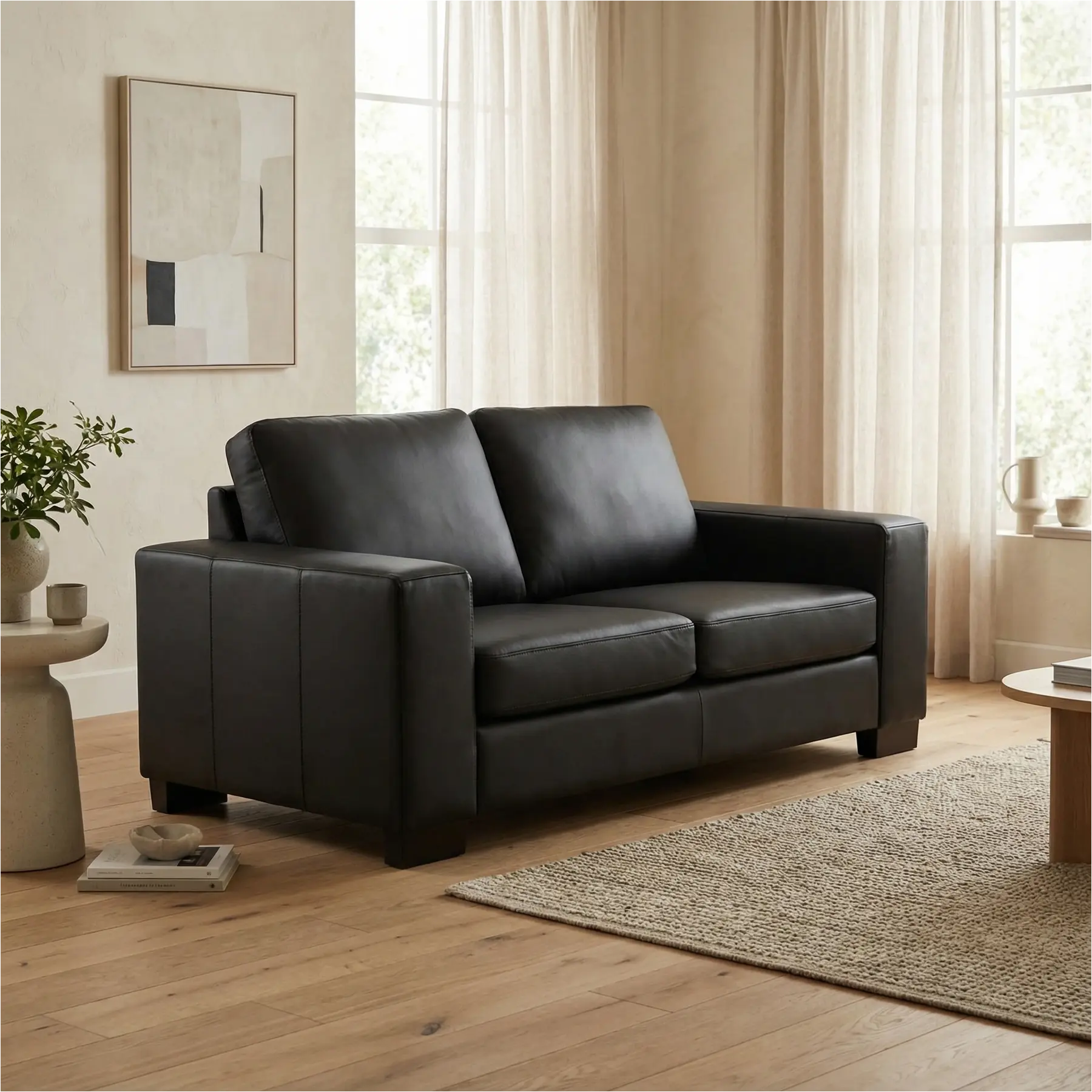 afbeelding van Leren bank Enjoy - 2 zits - Toledo Nero (zwart) - Poten hout zwart