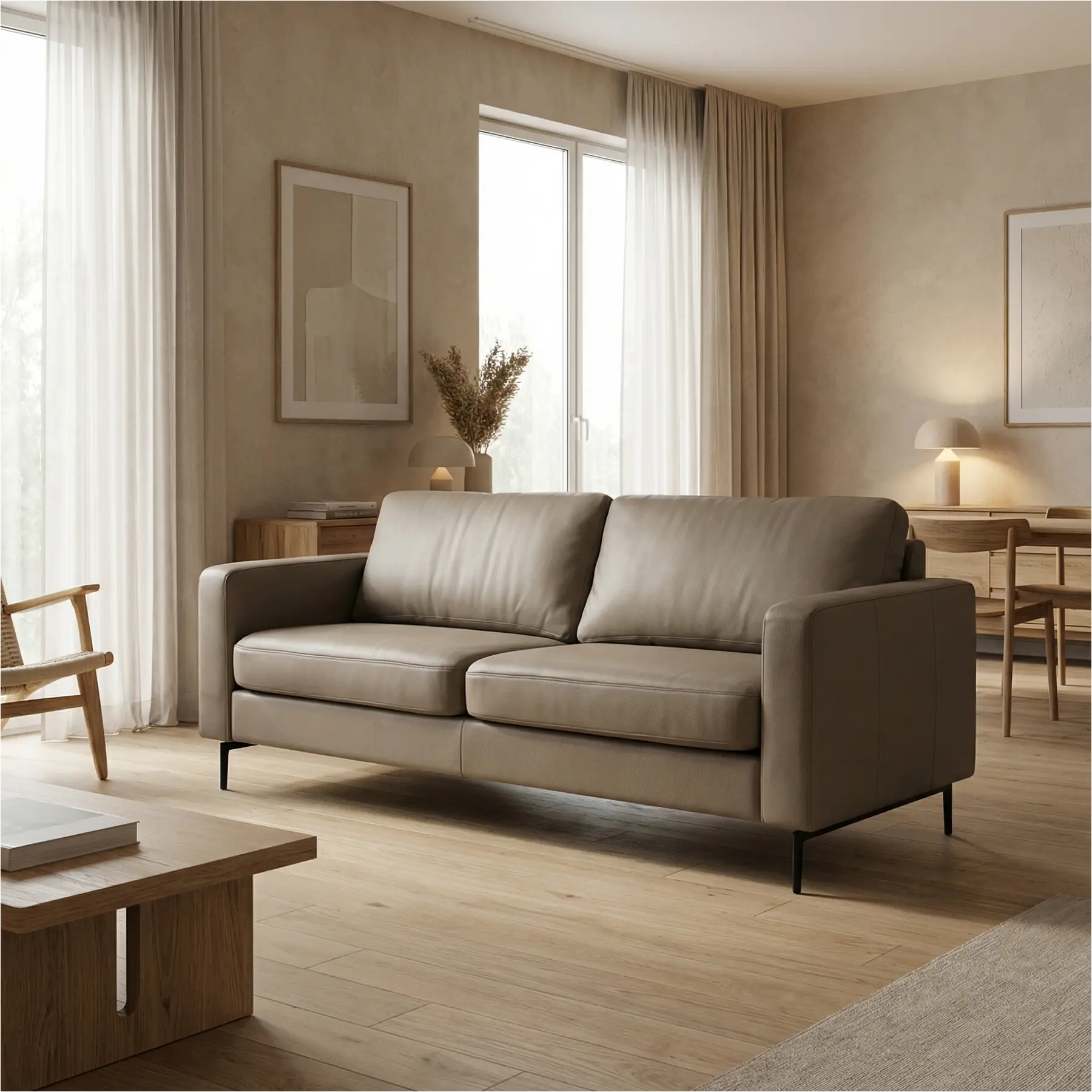 afbeelding van Leren bank Match - 2,5 zits - Hermes Mocca (taupe/bruin) - Poten staal zwart