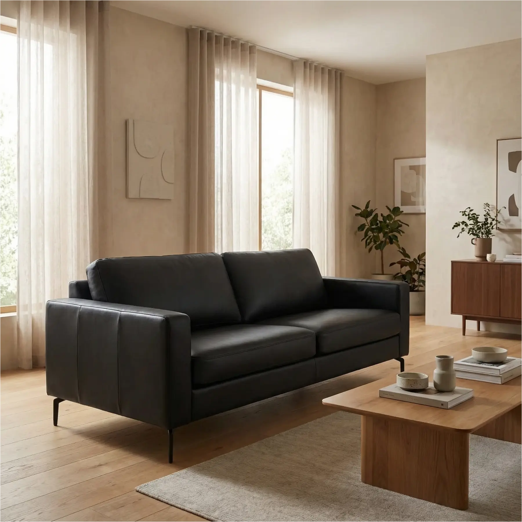 afbeelding van Leren bank Match - 2,5 zits - Toledo Nero (zwart) - Poten staal zwart