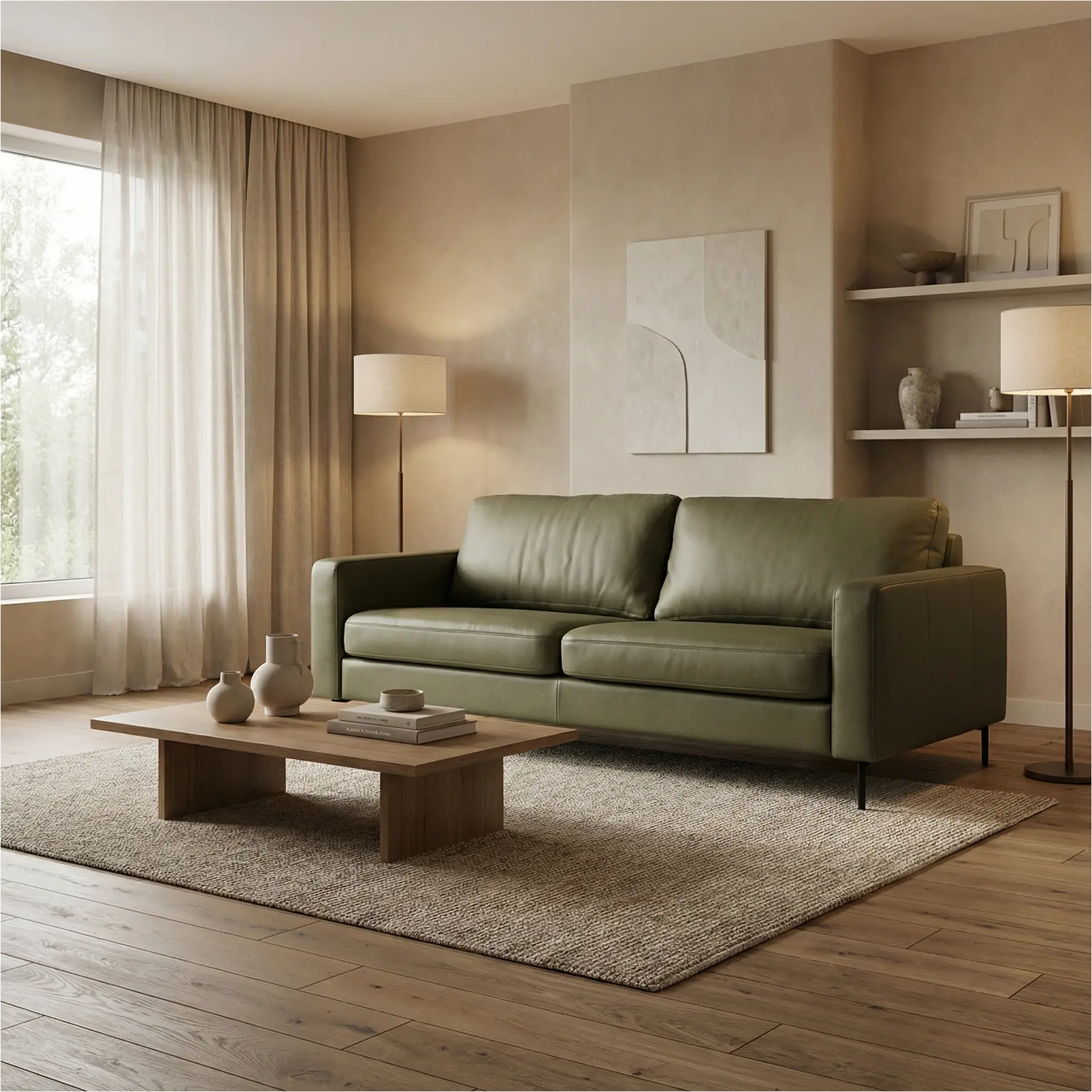 afbeelding van Leren bank Match - 2,5 zits - Toledo Olive (olijf/goen) - Poten staal zwart