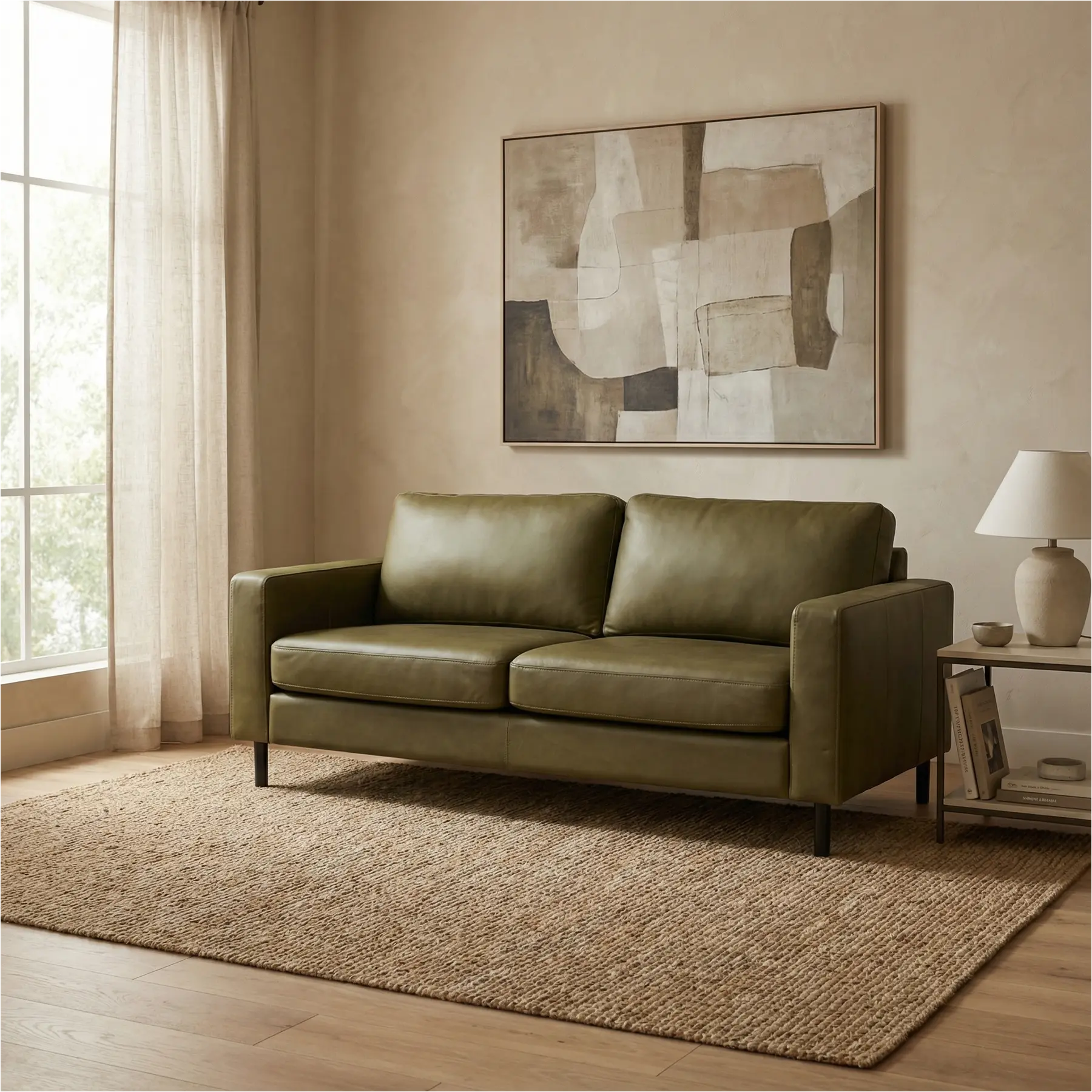 afbeelding van Leren bank Match - 2,5 zits - Rancho Green (olijf/groen) - Poten staal zwart