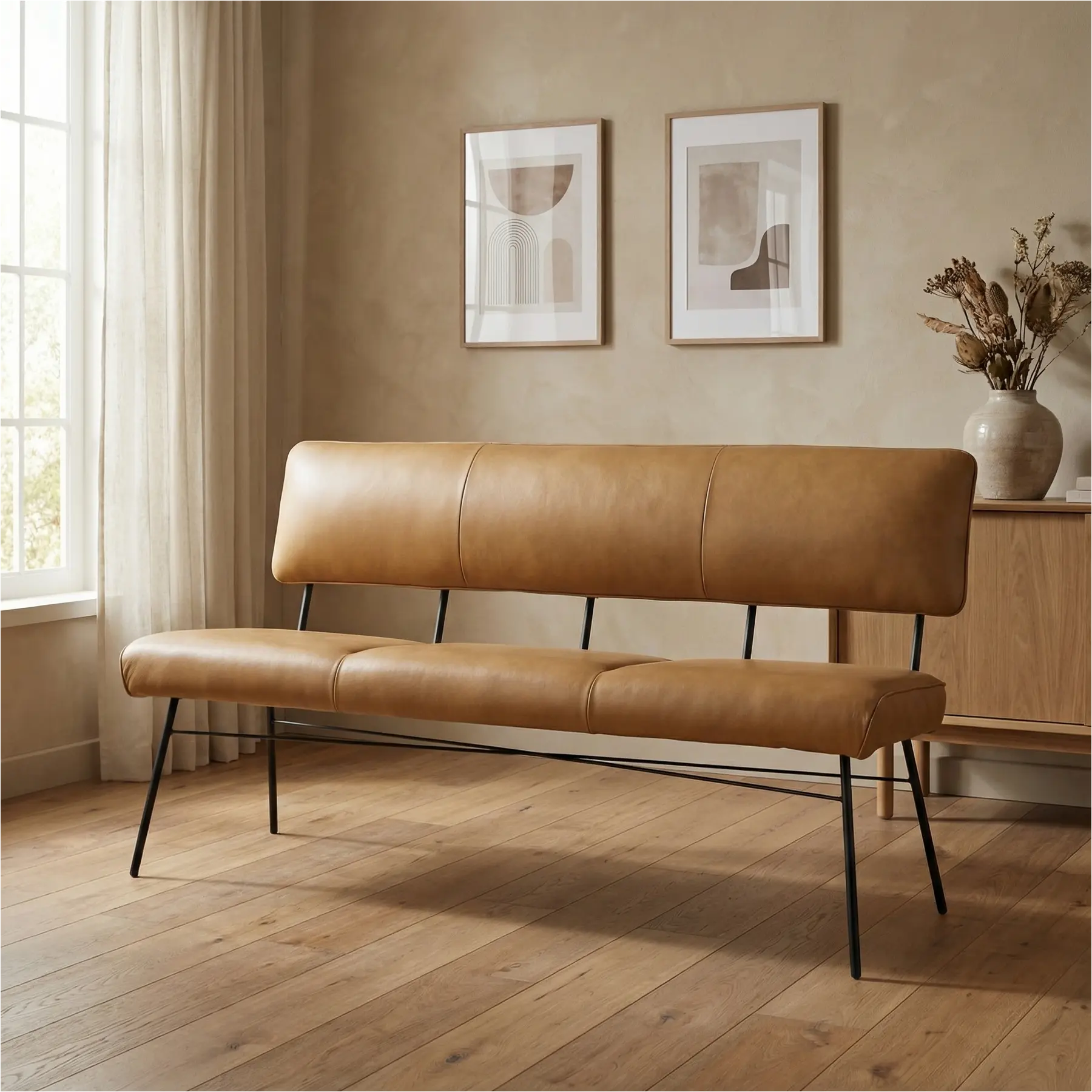 afbeelding van Leren eetkamerbank Solid - Granada Amber (cognac) - Poten staal rond zwart