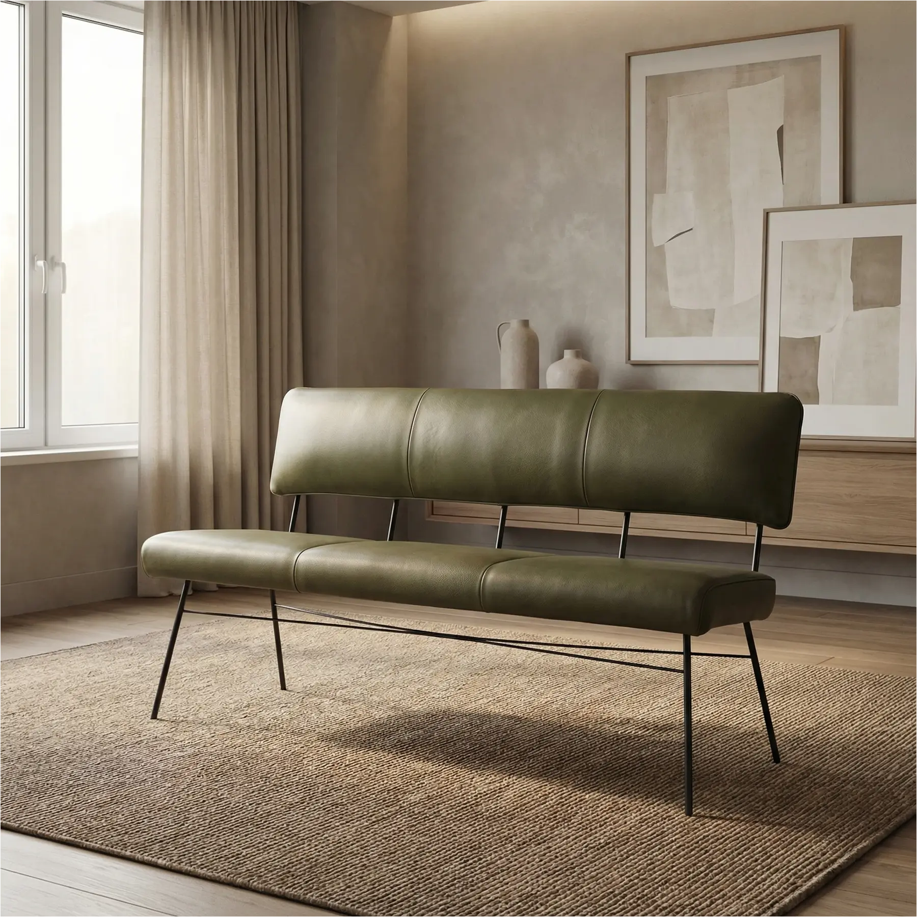 afbeelding van Leren eetkamerbank Solid - Granada Moss (olijf/groen) - Poten staal rond zwart