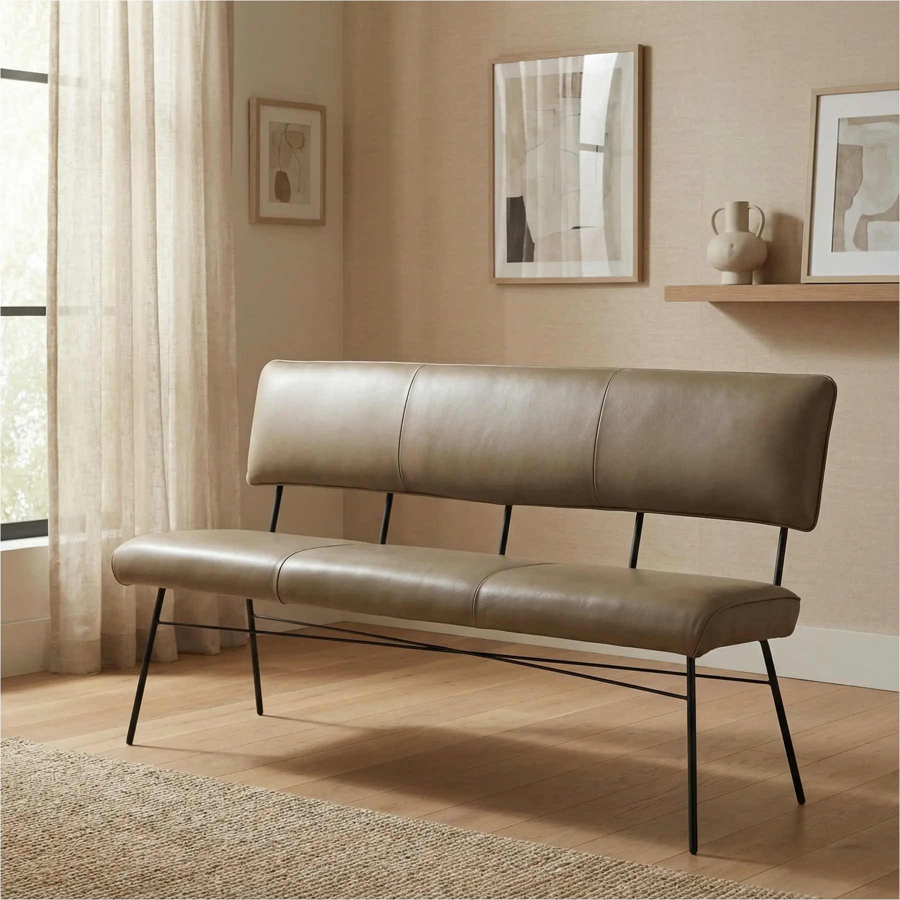 afbeelding van Leren eetkamerbank Solid - Granada Taupe (taupe/bruin) - Poten staal rond zwart