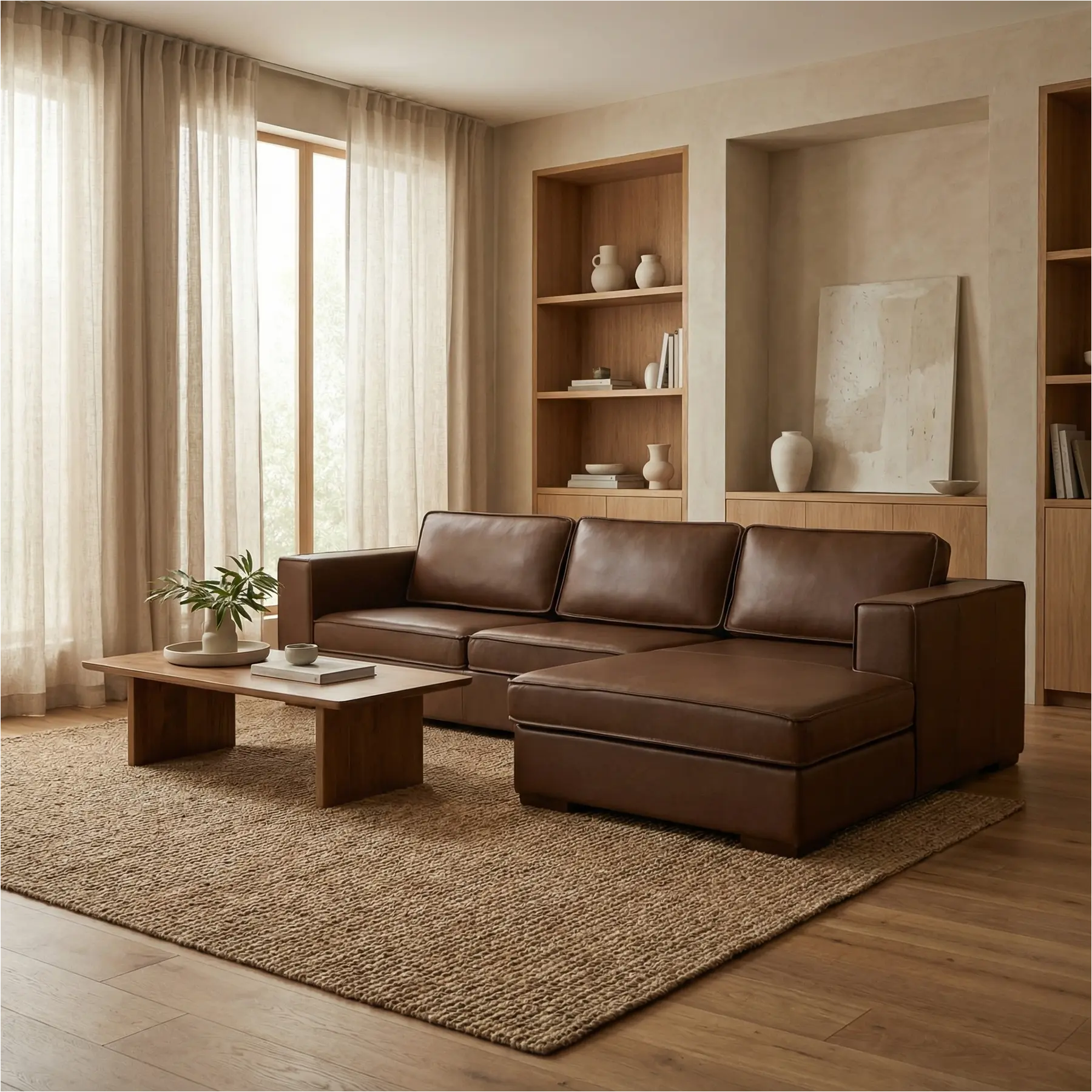 afbeelding van Leren hoekbank Fine - 2,5 zits arm links + longchair rechts - Elegance Brown (bruin) - Poten hout bruin