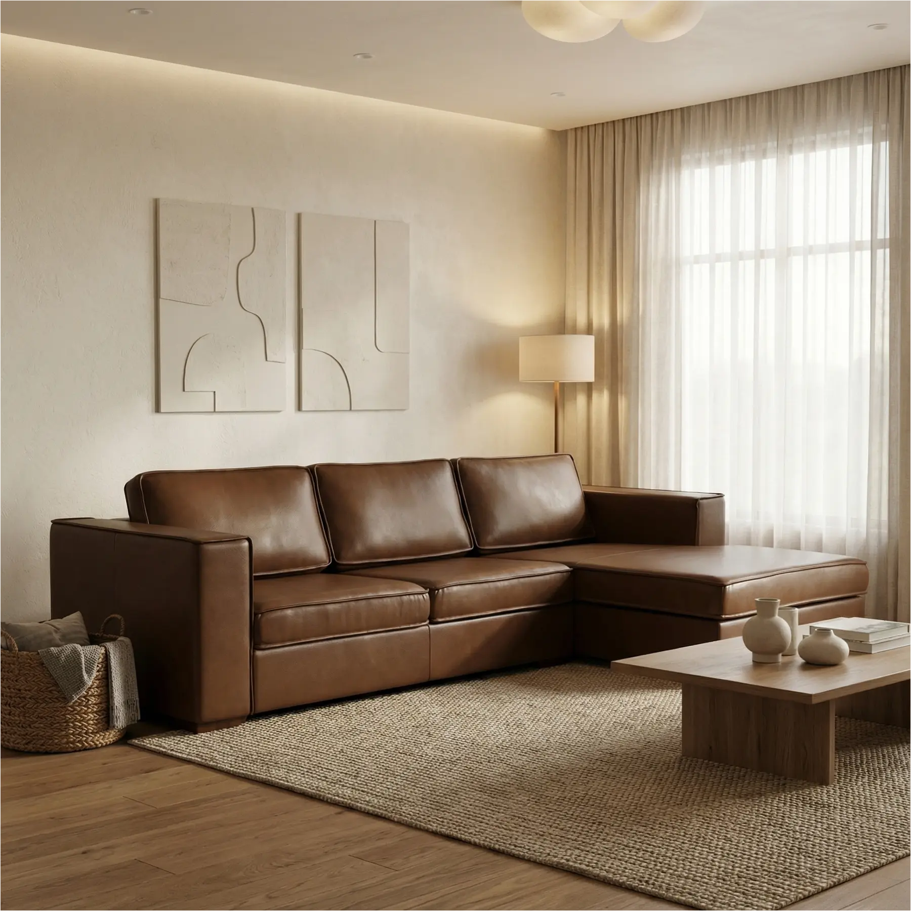 afbeelding van Leren hoekbank Fine - 2,5 zits arm links + longchair rechts - Elegance Brown (bruin) - Poten hout bruin