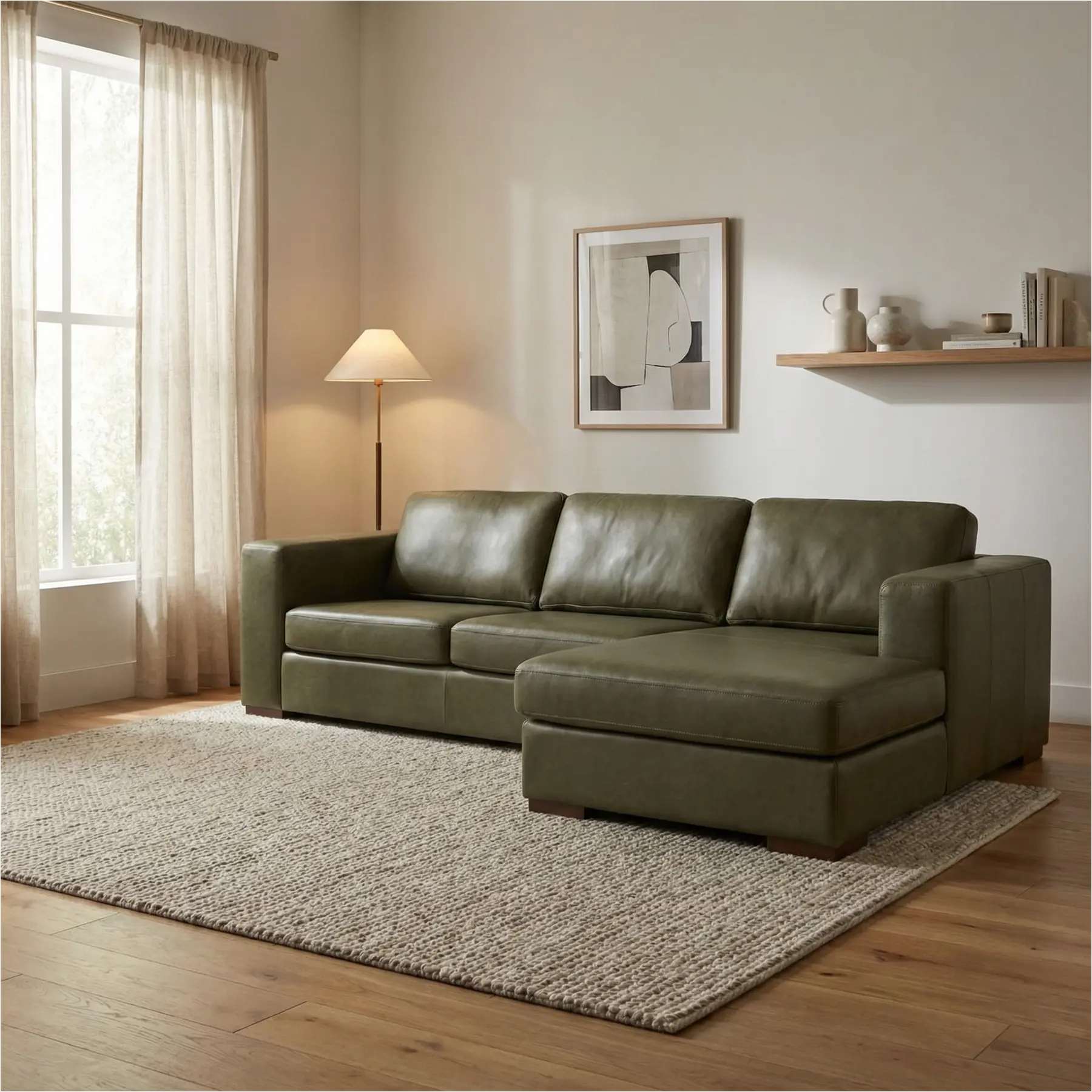 afbeelding van Leren hoekbank Flow - 2,5 zits arm links + longchair rechts - Granada Moss (olijf/groen) - Poten hout bruin