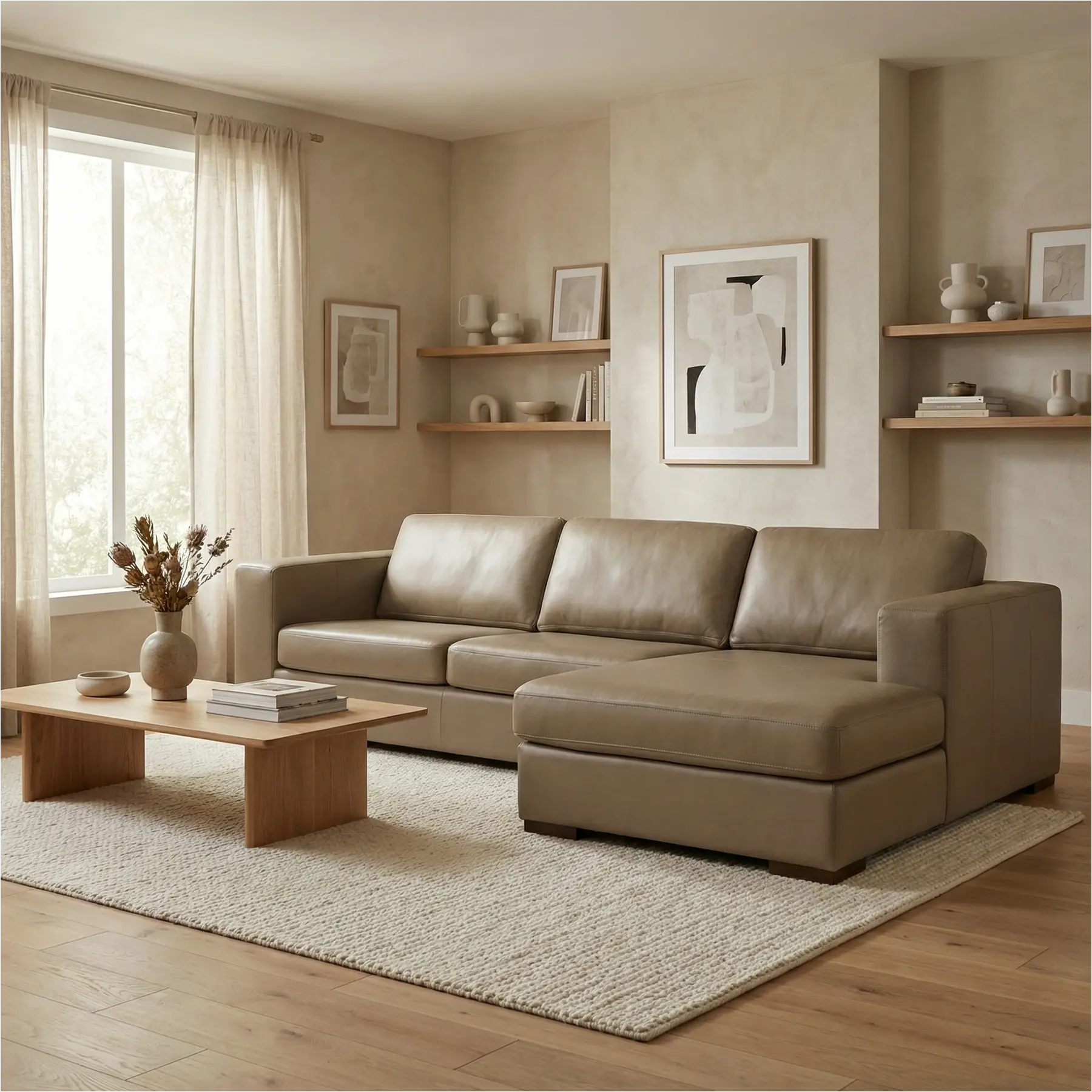 afbeelding van Leren hoekbank Flow - 2,5 zits arm links + longchair rechts - Granada Taupe (taupe/bruin) - Poten hout bruin