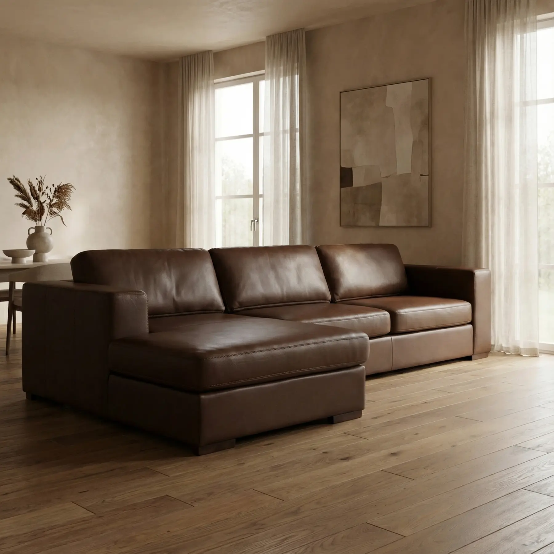 afbeelding van Leren hoekbank Flow - 2,5 zits arm rechts + longchair links - Elegance Brown (bruin) - Poten hout bruin