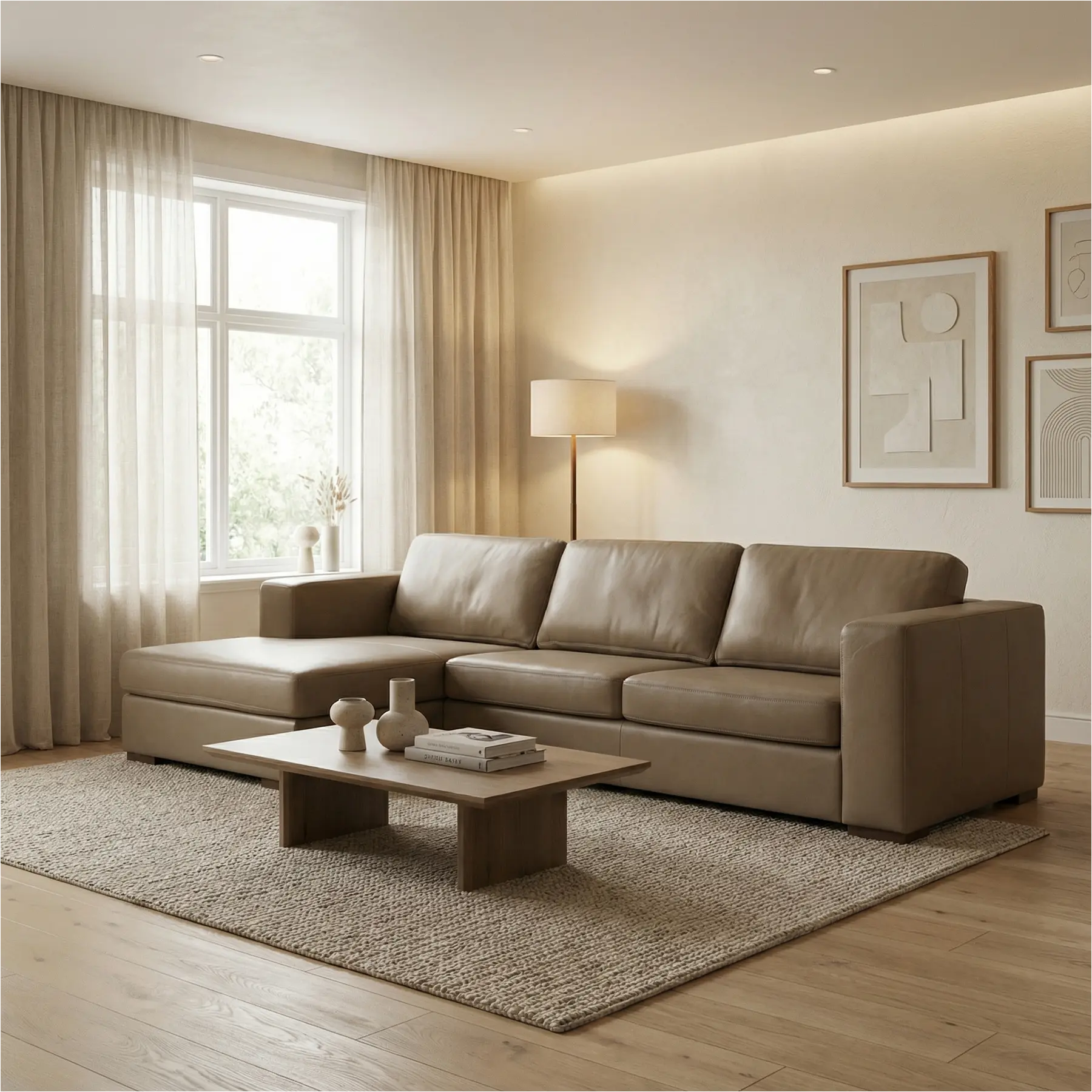 afbeelding van Leren hoekbank Flow - 2,5 zits arm rechts + longchair links - Granada Taupe (taupe/bruin) - Poten hout bruin