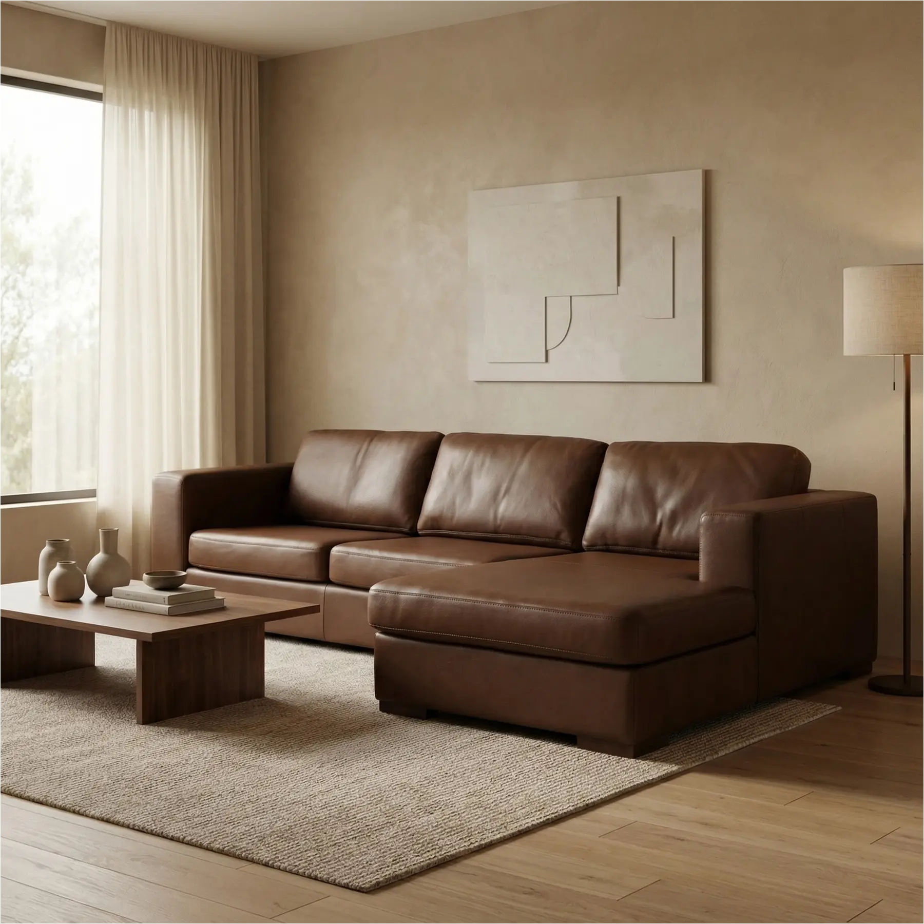 afbeelding van Leren hoekbank Flow - 2 zits arm links + longchair rechts - Elegance Brown (bruin) - Poten hout zwart