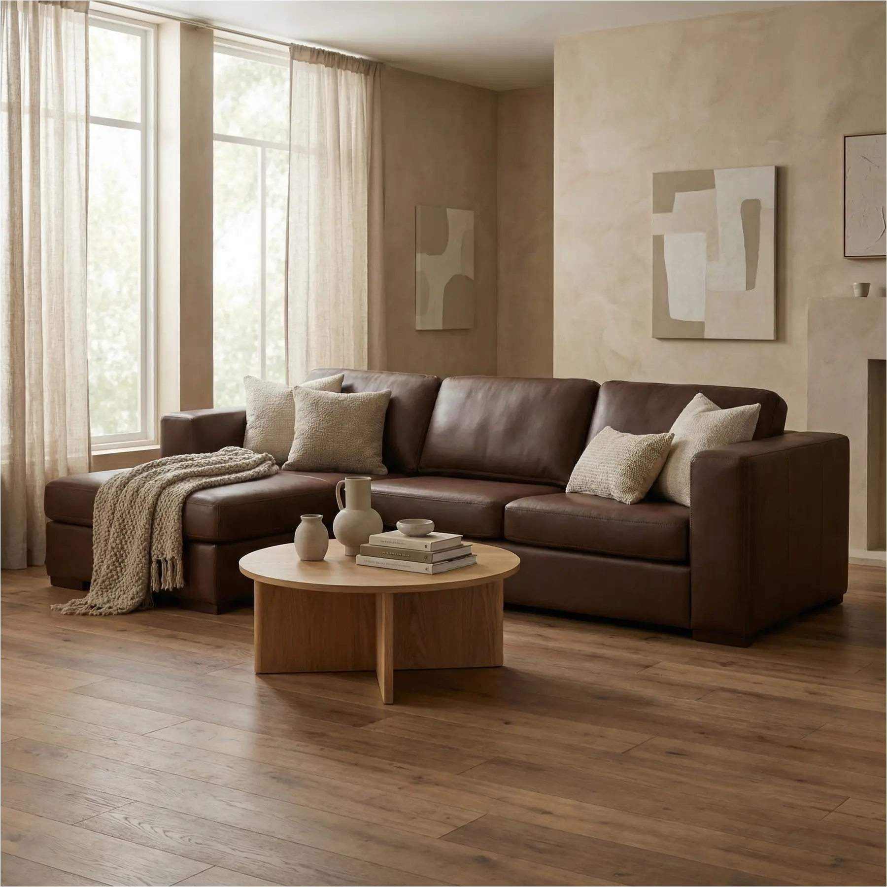 afbeelding van Leren hoekbank Flow - 3 zits arm links + longchair rechts - Elegance Brown (bruin) - Poten hout zwart