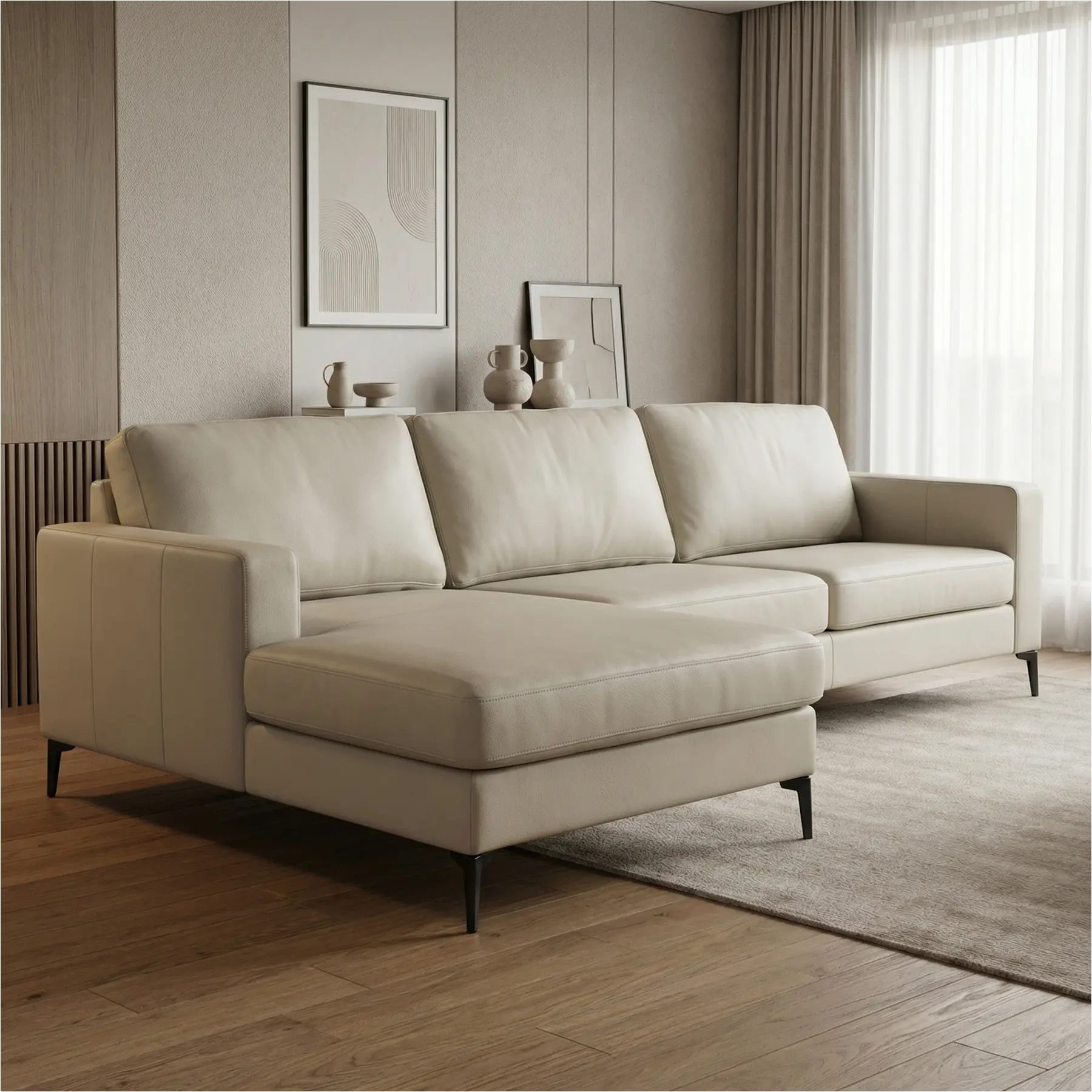 afbeelding van Leren hoekbank Match - 2-zits arm rechts + Longchair arm links - Toledo Nebbia (creme) - Poten staal zwart