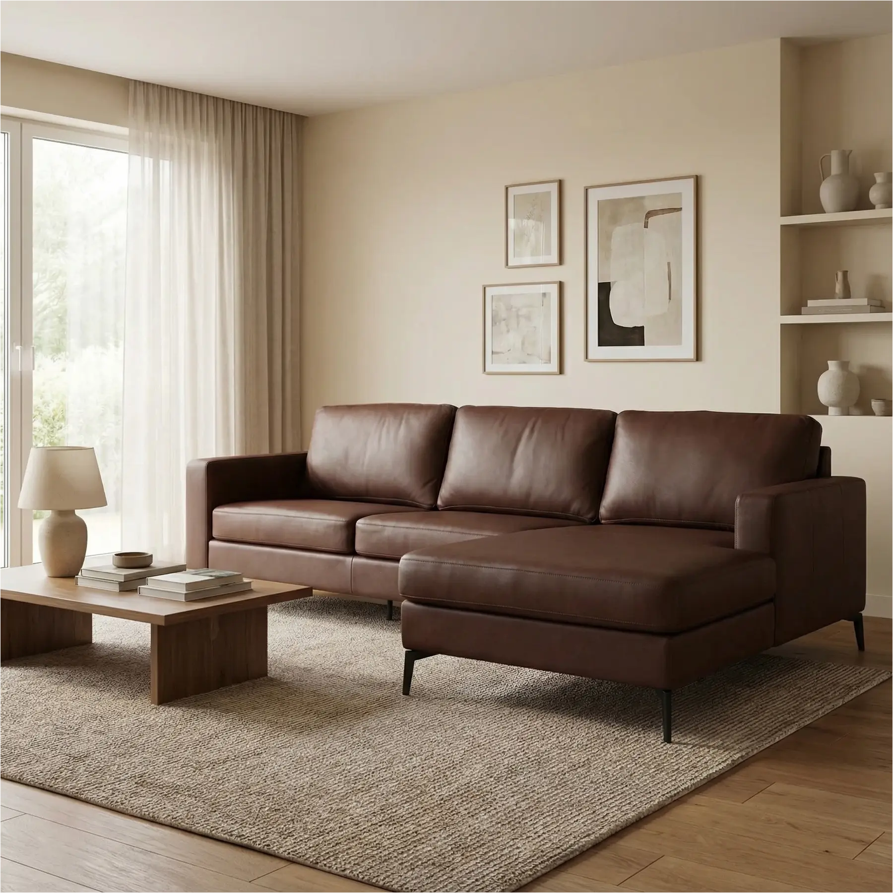 afbeelding van Leren hoekbank Match - 2.5-zits arm links + Longchair arm rechts - Granada Cognac (donkercognac) - Poten staal zwart