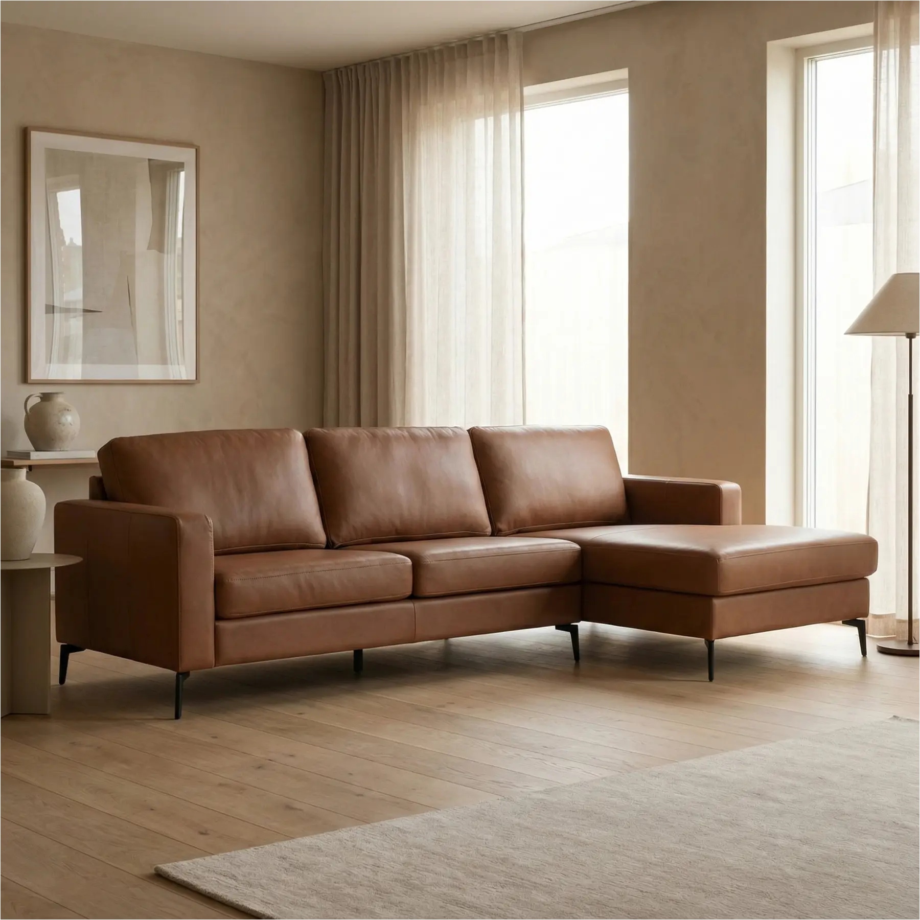 afbeelding van Leren hoekbank Match - 2.5-zits arm links + Longchair arm rechts - Granada Savannah (cognac) - Poten staal zwart