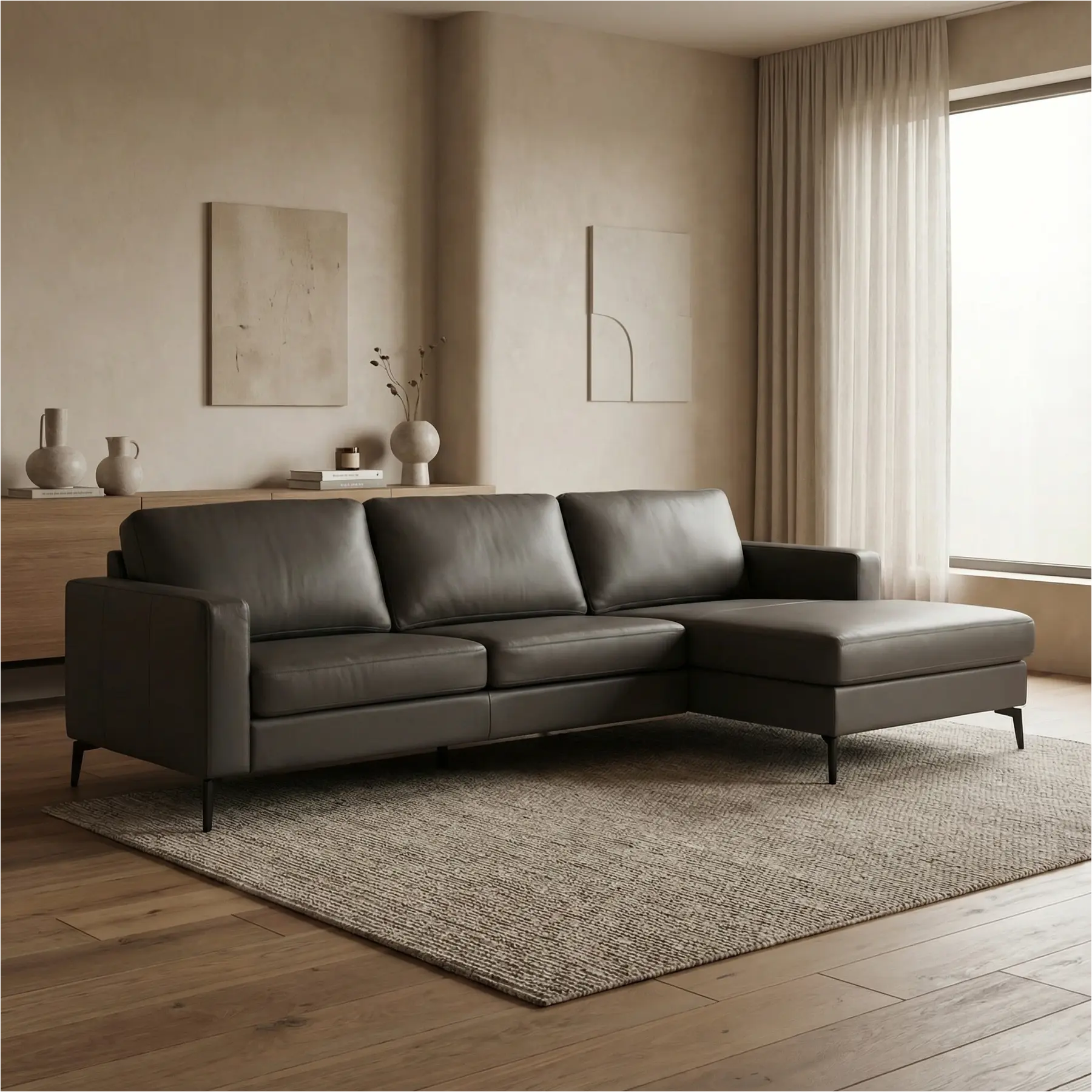 afbeelding van Leren hoekbank Match - 2.5-zits arm links + Longchair arm rechts - Toledo Antracite (donkergrijs) - Poten staal zwart