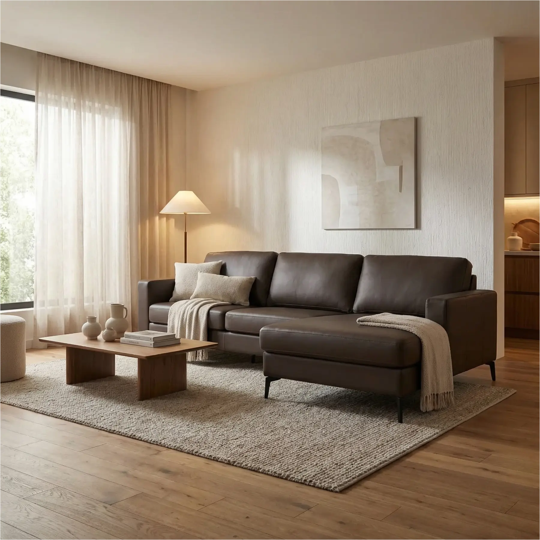 afbeelding van Leren hoekbank Match - 2.5-zits arm links + Longchair arm rechts - Toledo Espresso (bruin) - Poten staal zwart