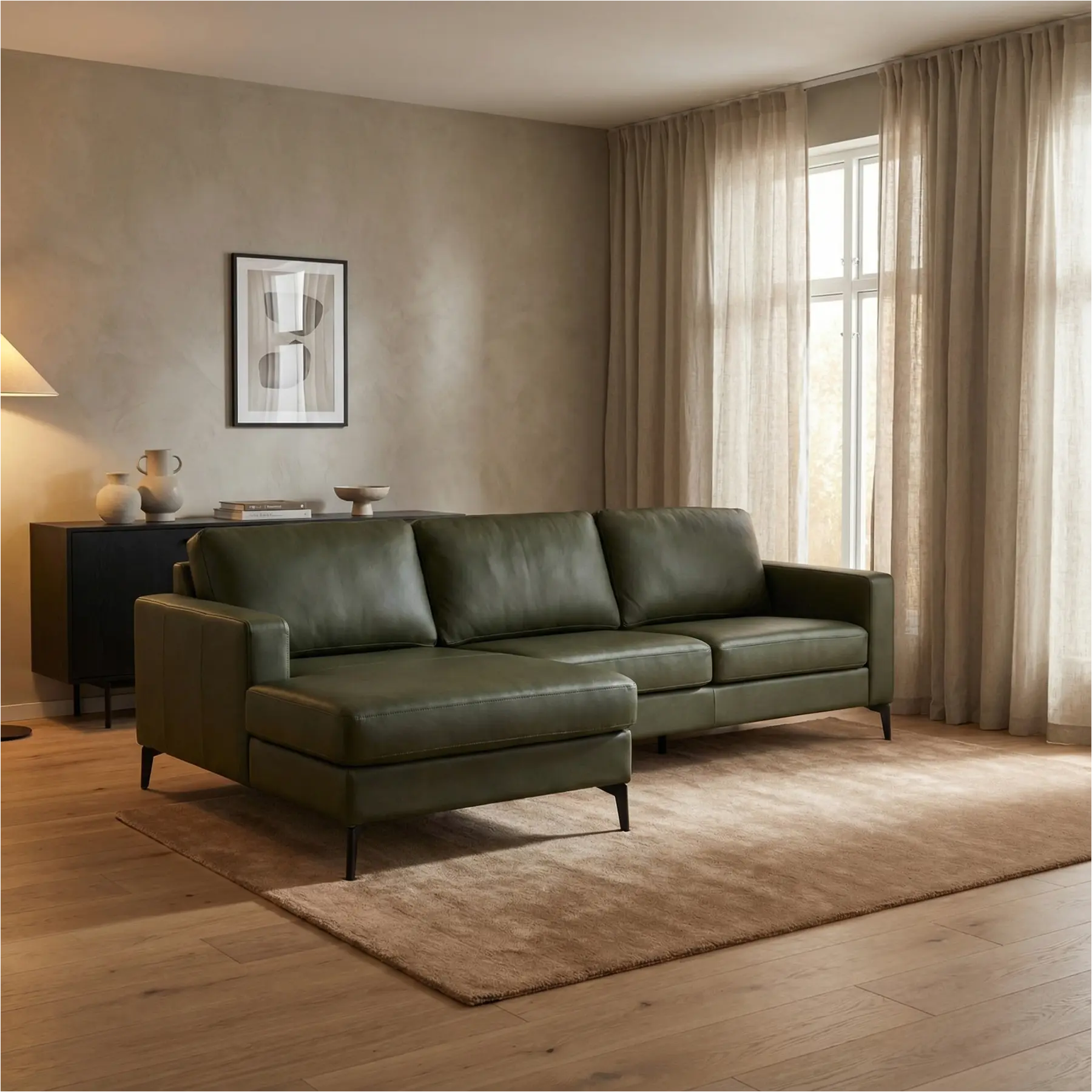 afbeelding van Leren hoekbank Match - 2.5-zits arm rechts + Longchair arm links - Granada Moss (olijf/groen) - Poten staal zwart