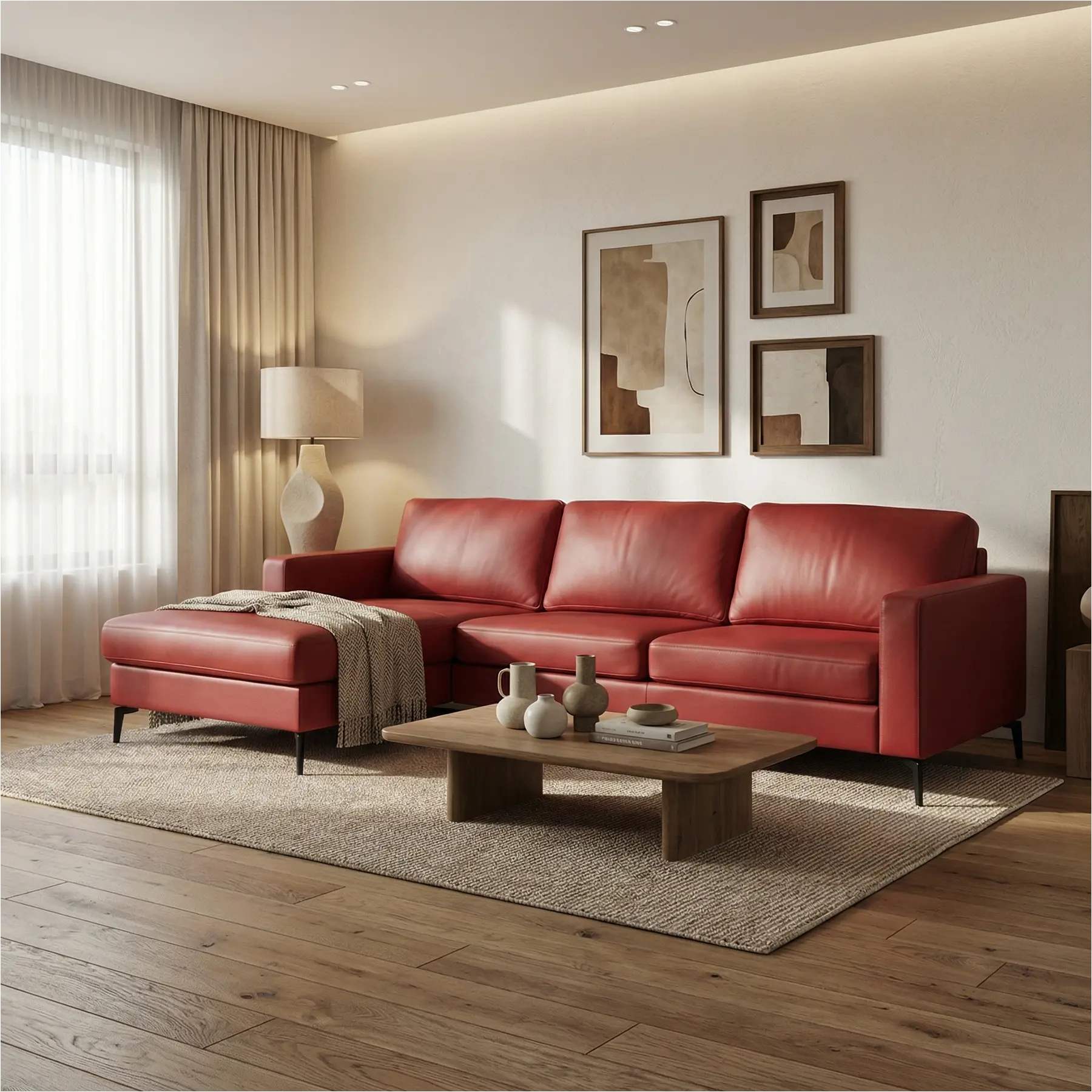 afbeelding van Leren hoekbank Match - 2.5-zits arm rechts + Longchair arm links - Massif Rosso (rood) - Poten staal zwart