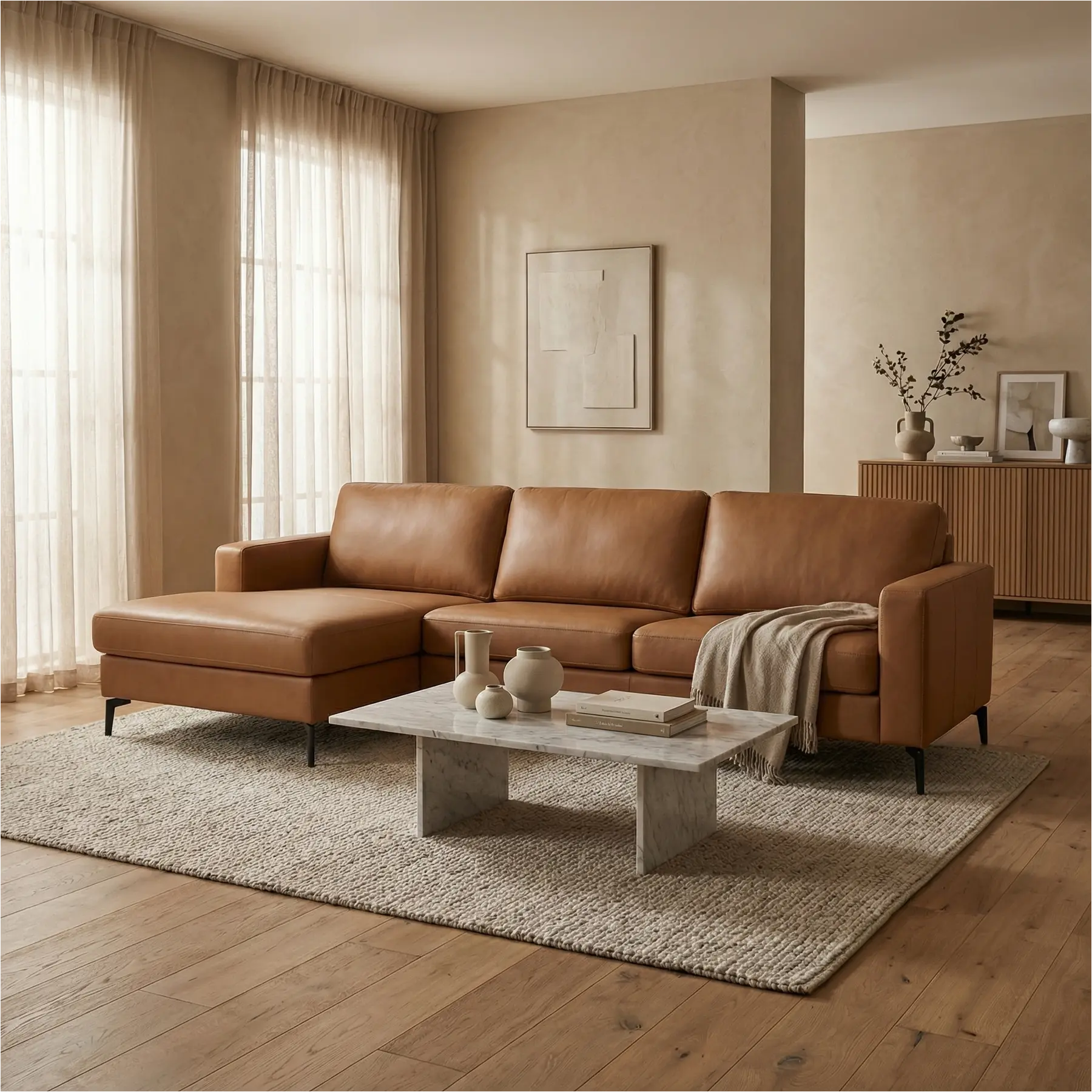 afbeelding van Leren hoekbank Match - 2.5-zits arm rechts + Longchair arm links - Rancho Cognac (cognac) - Poten staal zwart