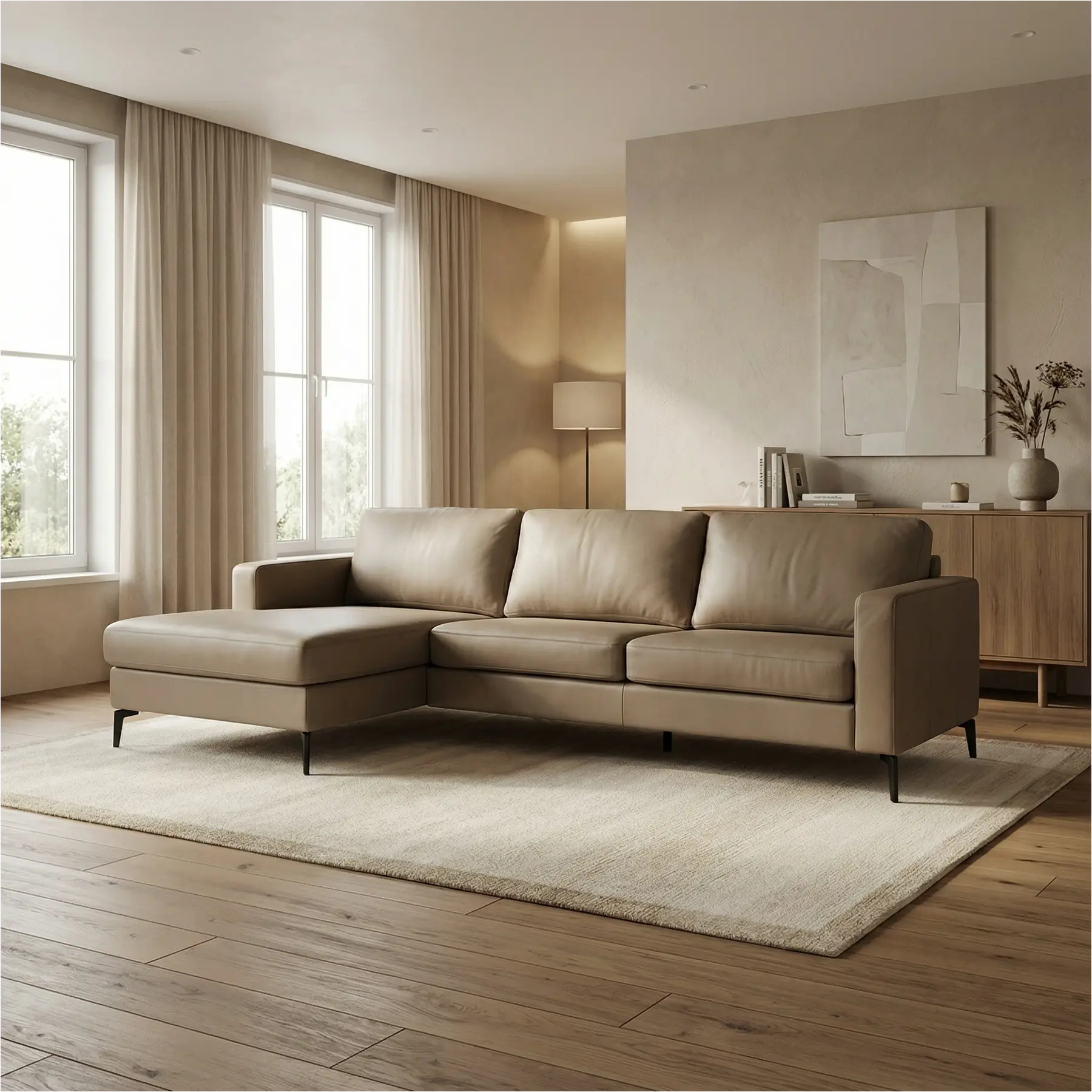 afbeelding van Leren hoekbank Match - 2.5-zits arm rechts + Longchair arm links - Toledo Mocca (taupe/bruin) - Poten staal zwart