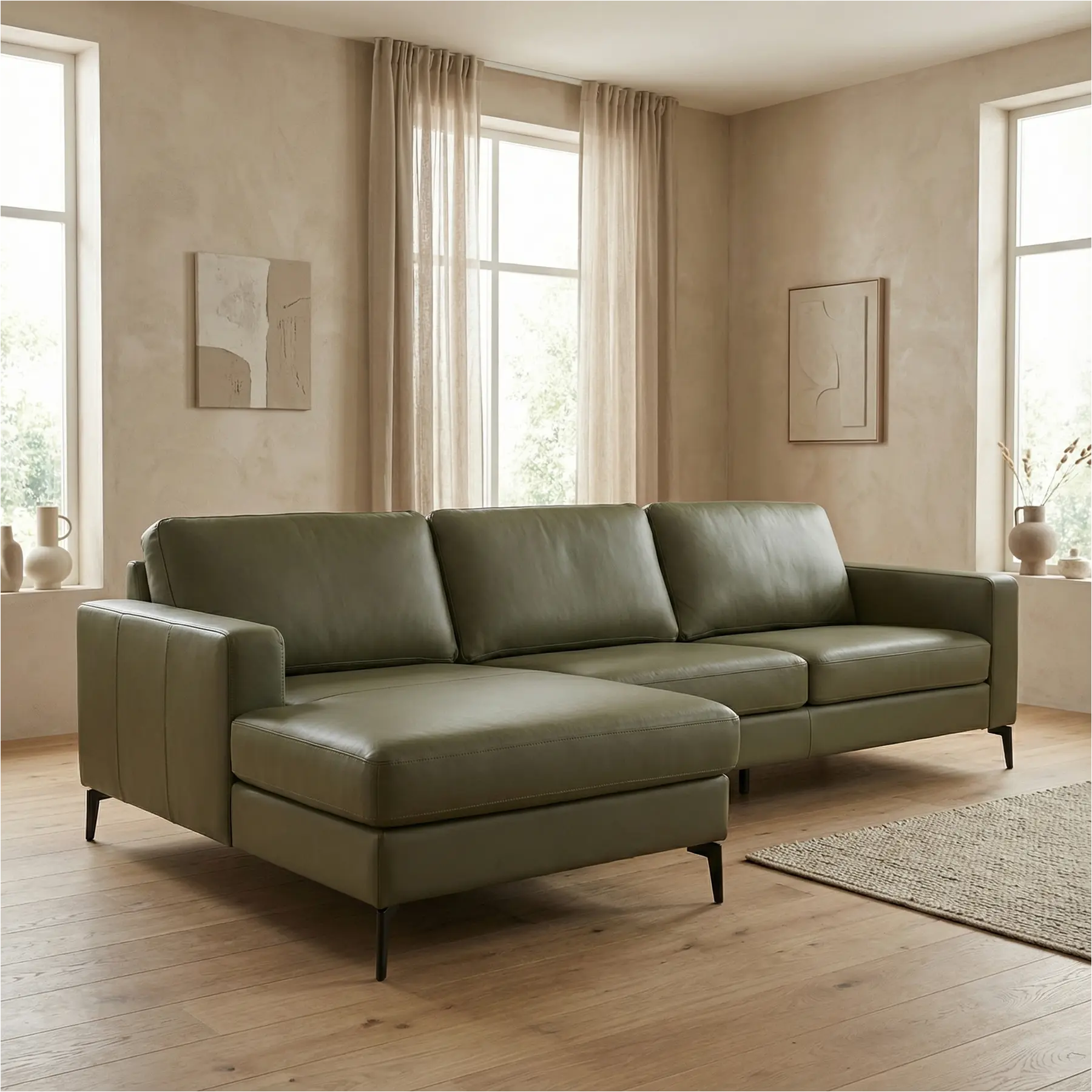 afbeelding van Leren hoekbank Match - 2.5-zits arm rechts + Longchair arm links - Toledo Olive (olijf/goen) - Poten staal zwart