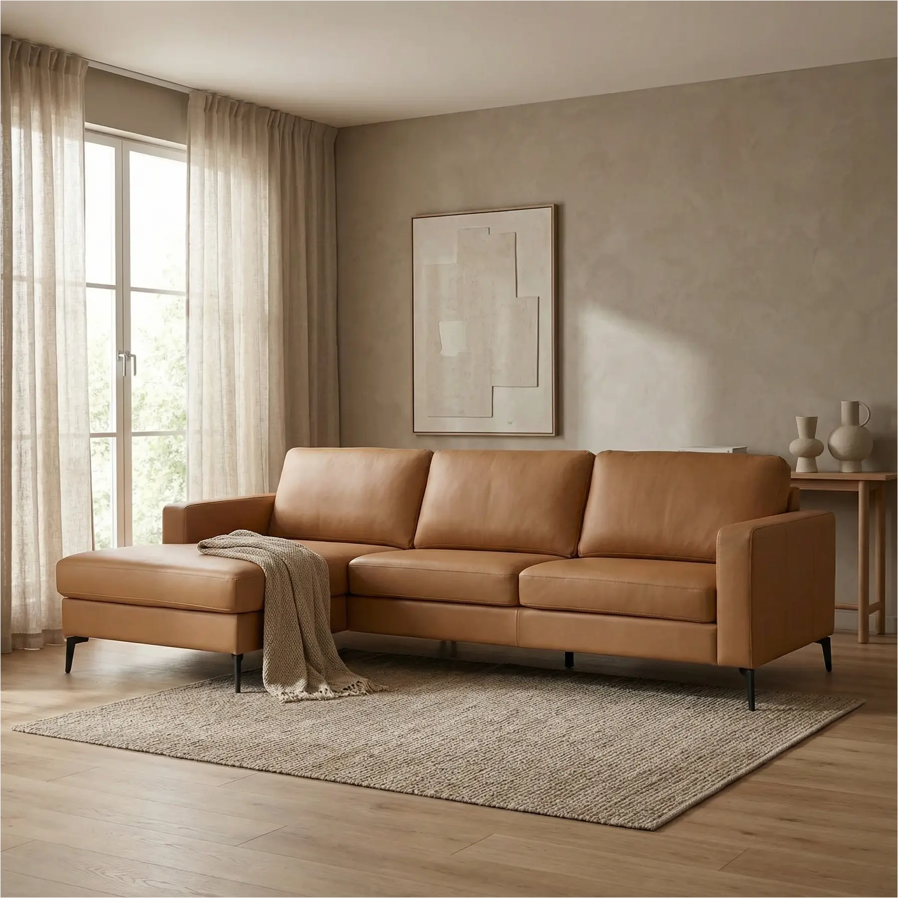 afbeelding van Leren hoekbank Match - 2.5-zits arm rechts + Longchair arm links - Toledo Sabbia (lichtcognac) - Poten staal zwart