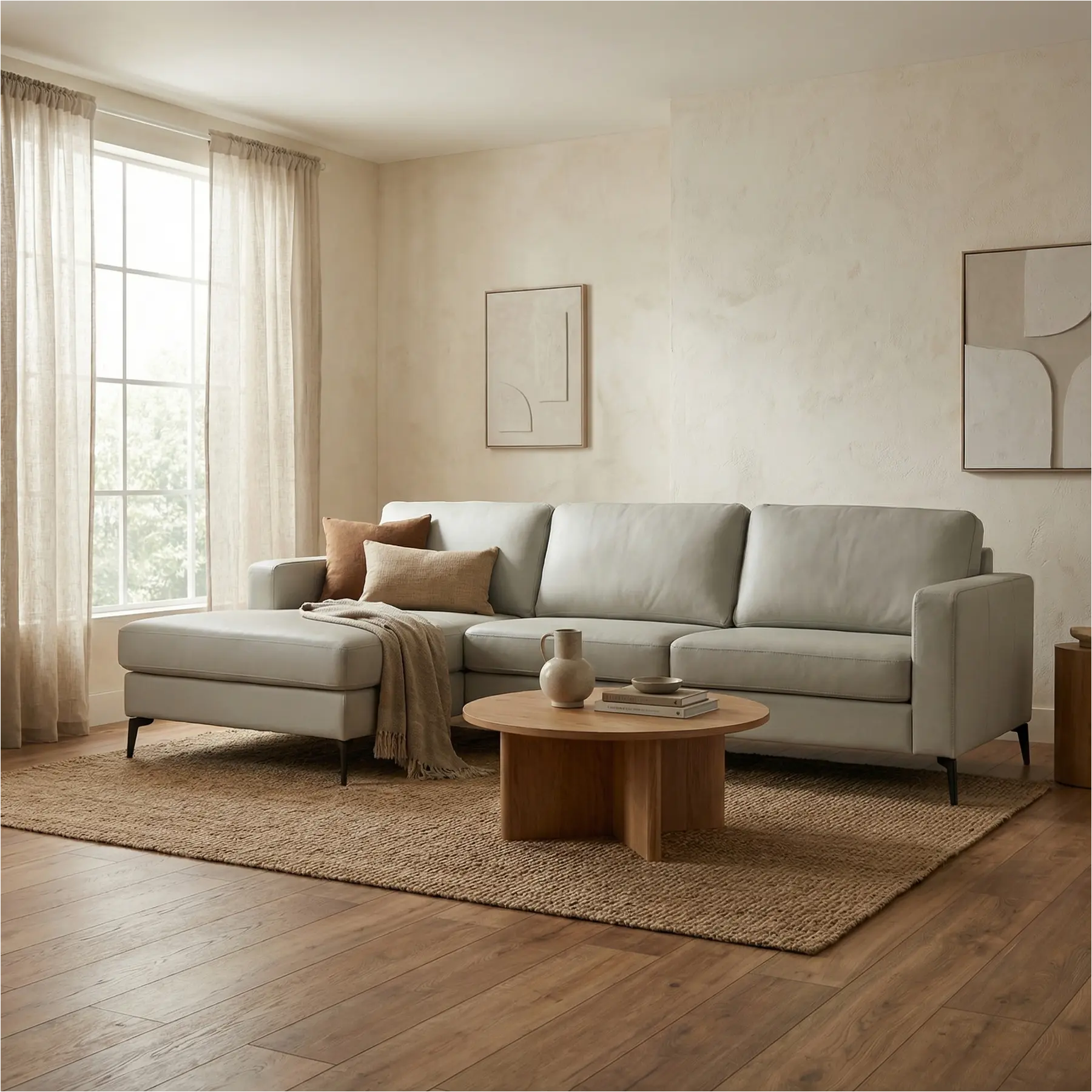 afbeelding van Leren hoekbank Match - 3-zits arm rechts + Longchair arm links - Toledo Nebbia (creme) - Poten staal zwart