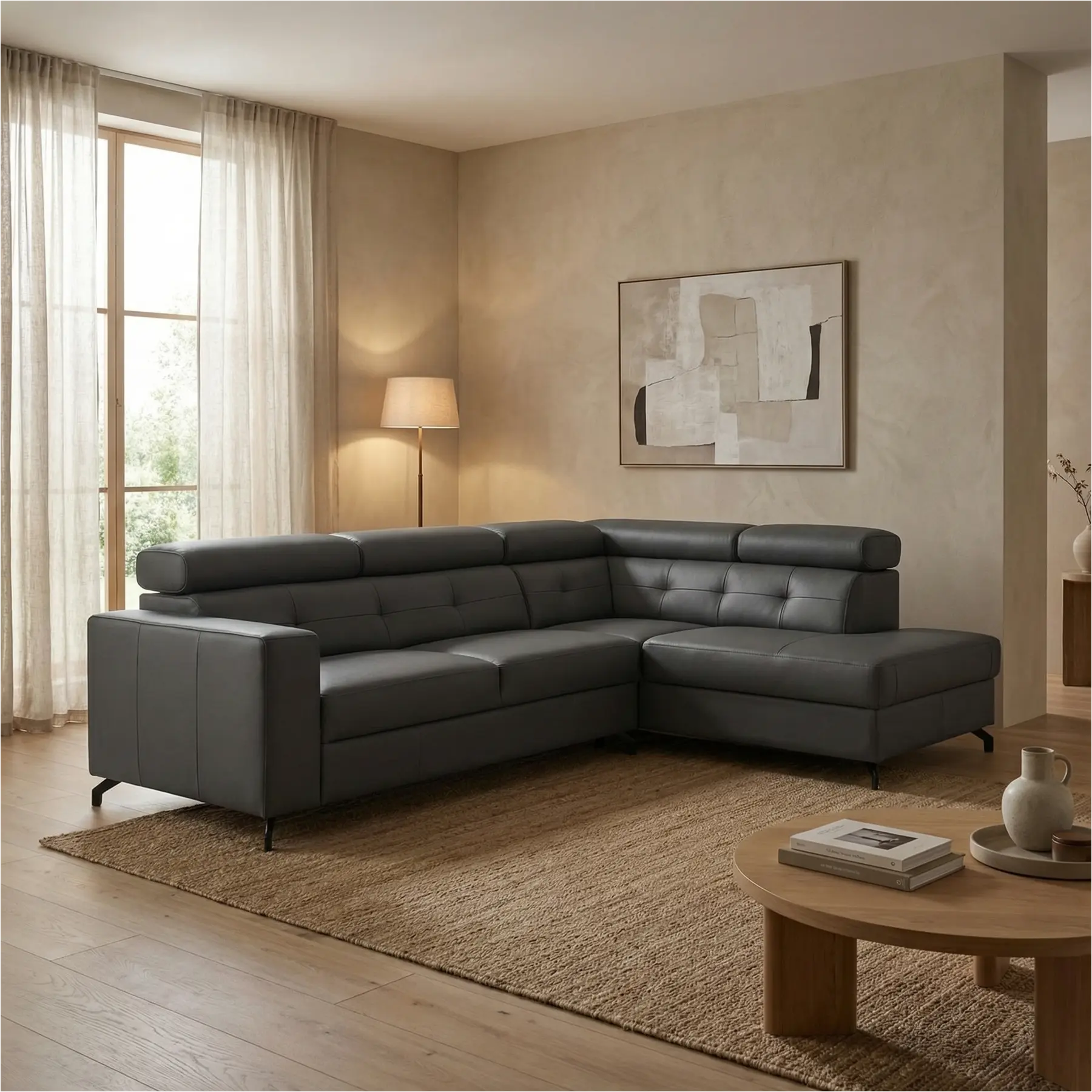 afbeelding van Leren hoekbank Nova - 2.5-zits arm links + Longchair arm rechts - Toledo Antracite (donkergrijs) - Poten staal zwart