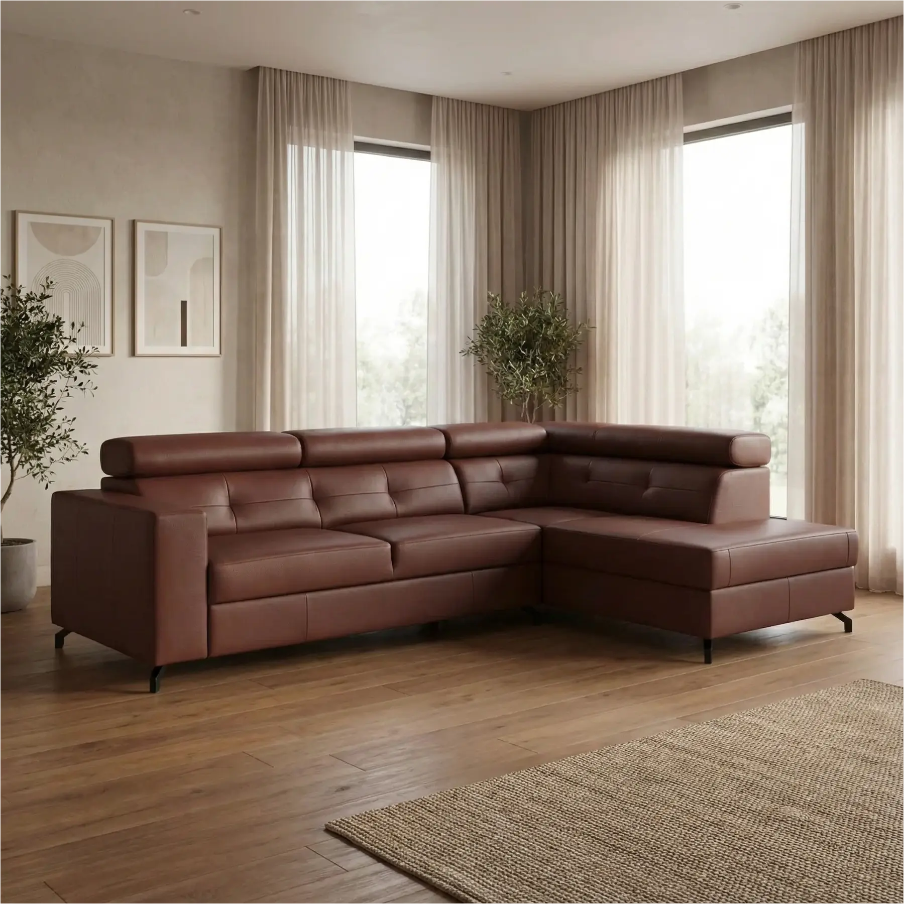 afbeelding van Leren hoekbank Nova - 2.5-zits arm links + Longchair arm rechts - Toledo Bordeaux (donkerrood) - Poten staal zwart