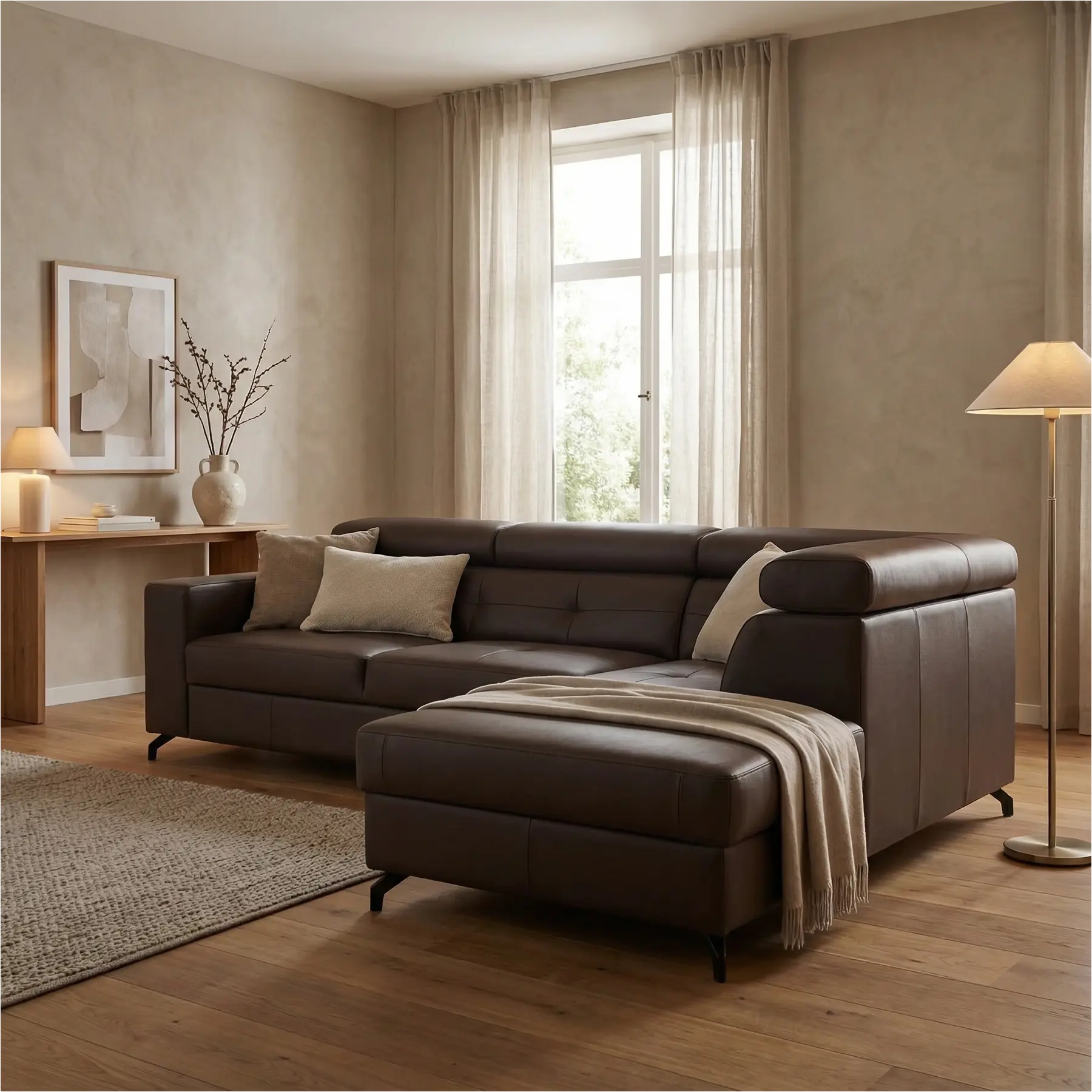 afbeelding van Leren hoekbank Nova - 2.5-zits arm links + Longchair arm rechts - Toledo Espresso (bruin) - Poten staal zwart