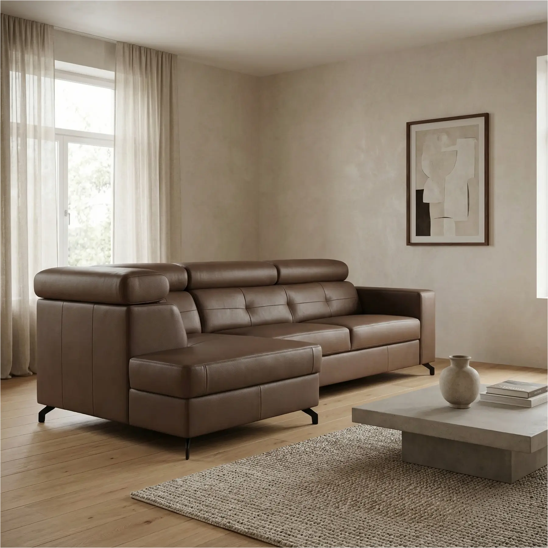 afbeelding van Leren hoekbank Nova - 2.5-zits arm rechts + Longchair arm links - Toledo Lever (bruin) - Poten staal zwart