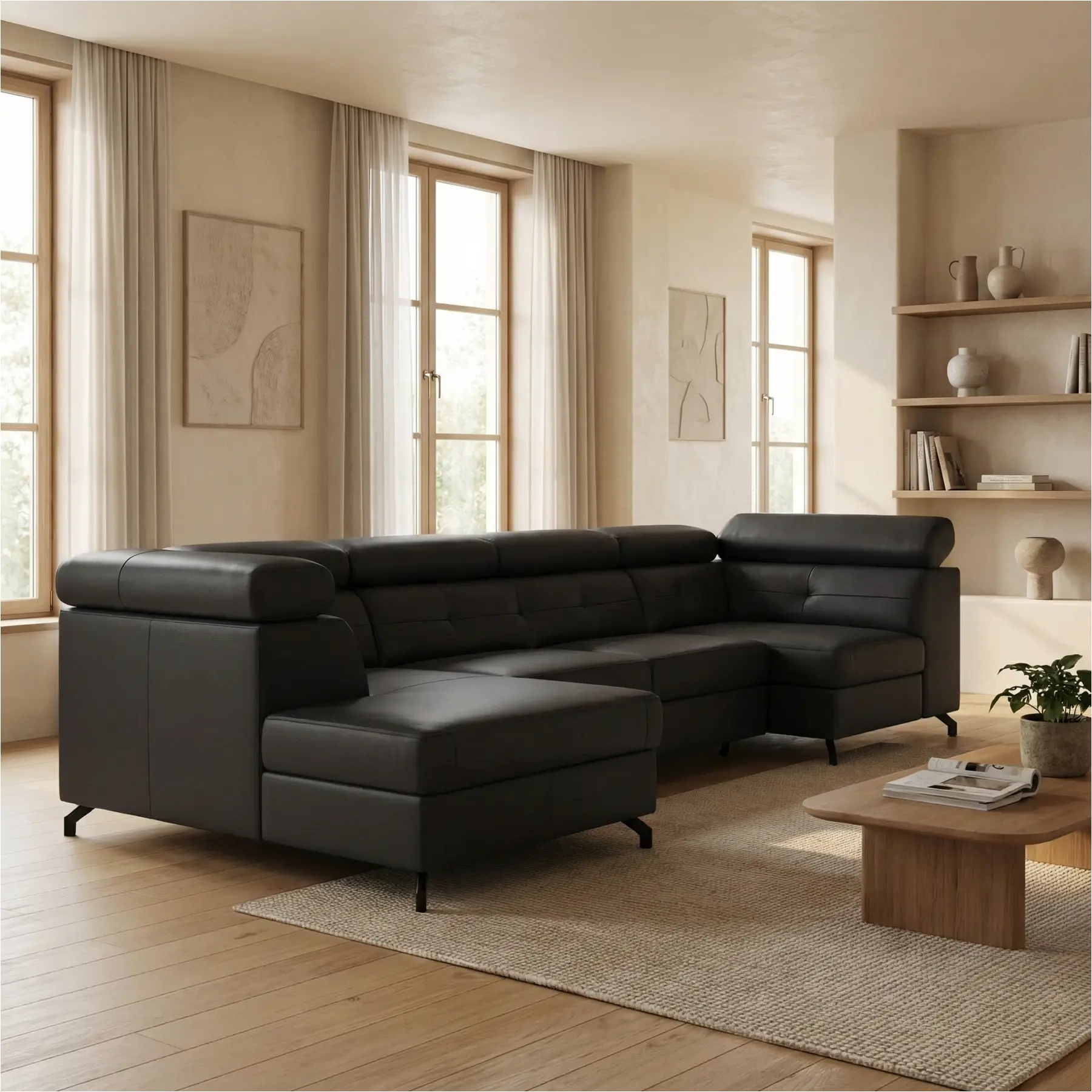 afbeelding van Leren hoekbank Nova - 2.5-zits arm rechts + Longchair arm links - Toledo Marine (blauw) - Poten staal zwart