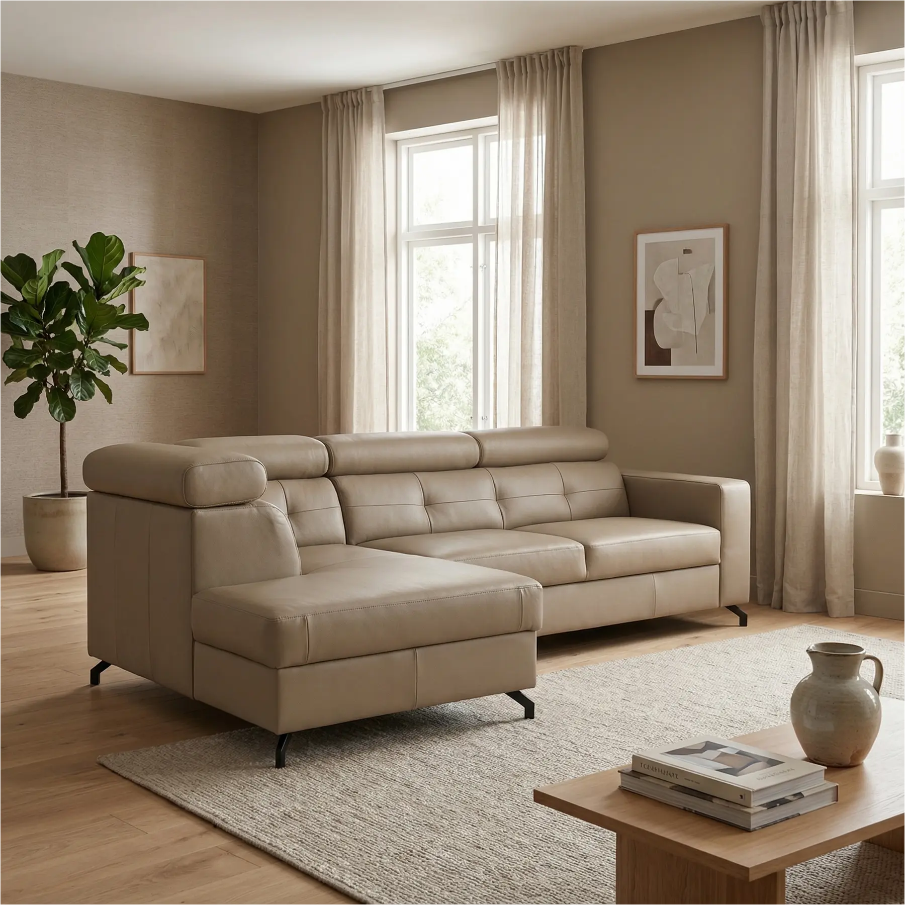 afbeelding van Leren hoekbank Nova - 2.5-zits arm rechts + Longchair arm links - Toledo Mocca (taupe/bruin) - Poten staal zwart