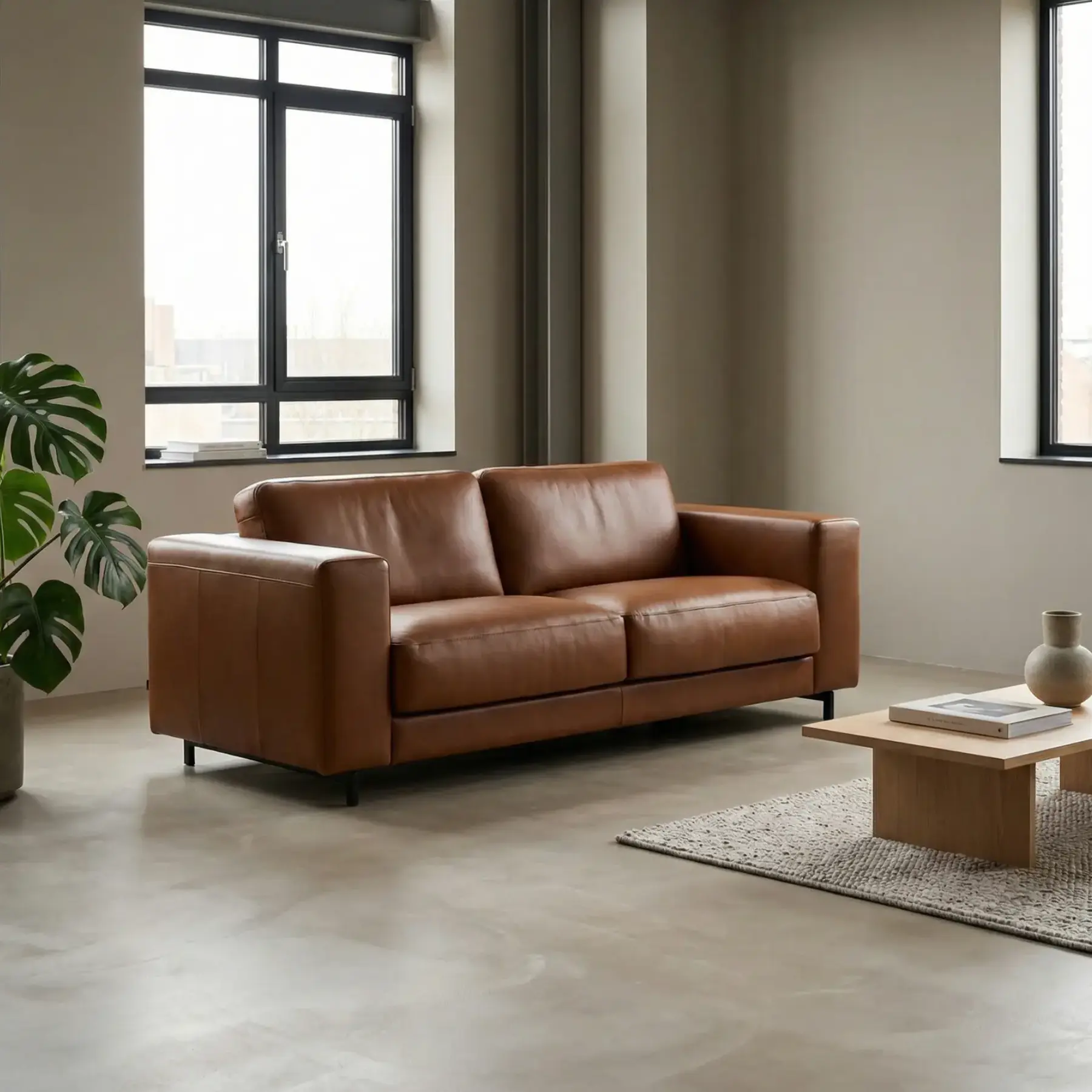 afbeelding van Leren bank Clear - 3 zits - Elegance Cognac (cognac) - Poten staal zwart