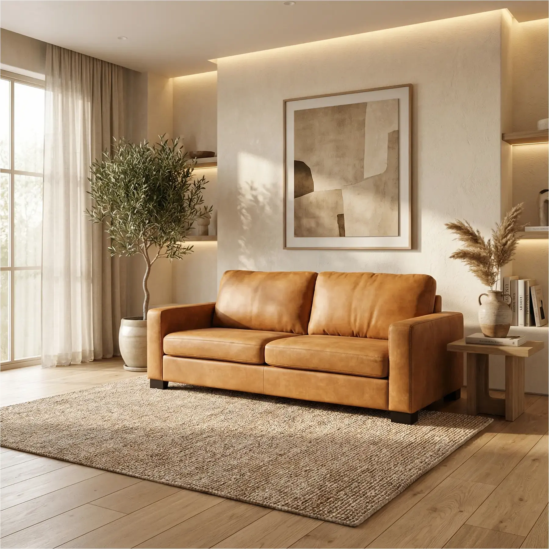 afbeelding van Leren bank Energy - 3 zits - Kenia Cognac (cognac) - Poten hout bruin