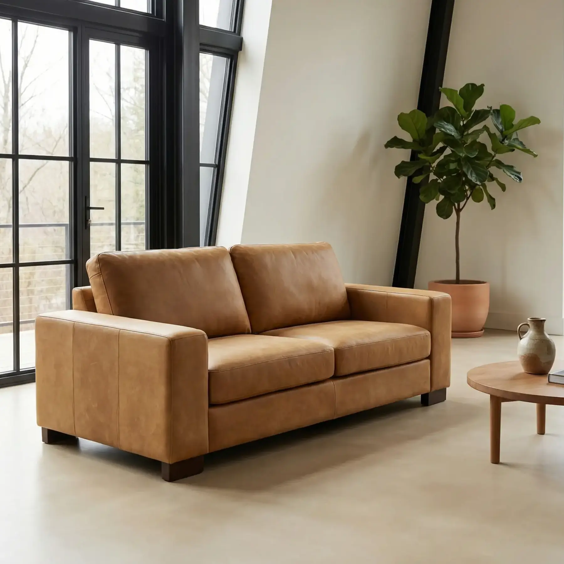 afbeelding van Leren bank Enjoy - 2,5 zits - Kenia Walnut (cognac) - Poten hout bruin