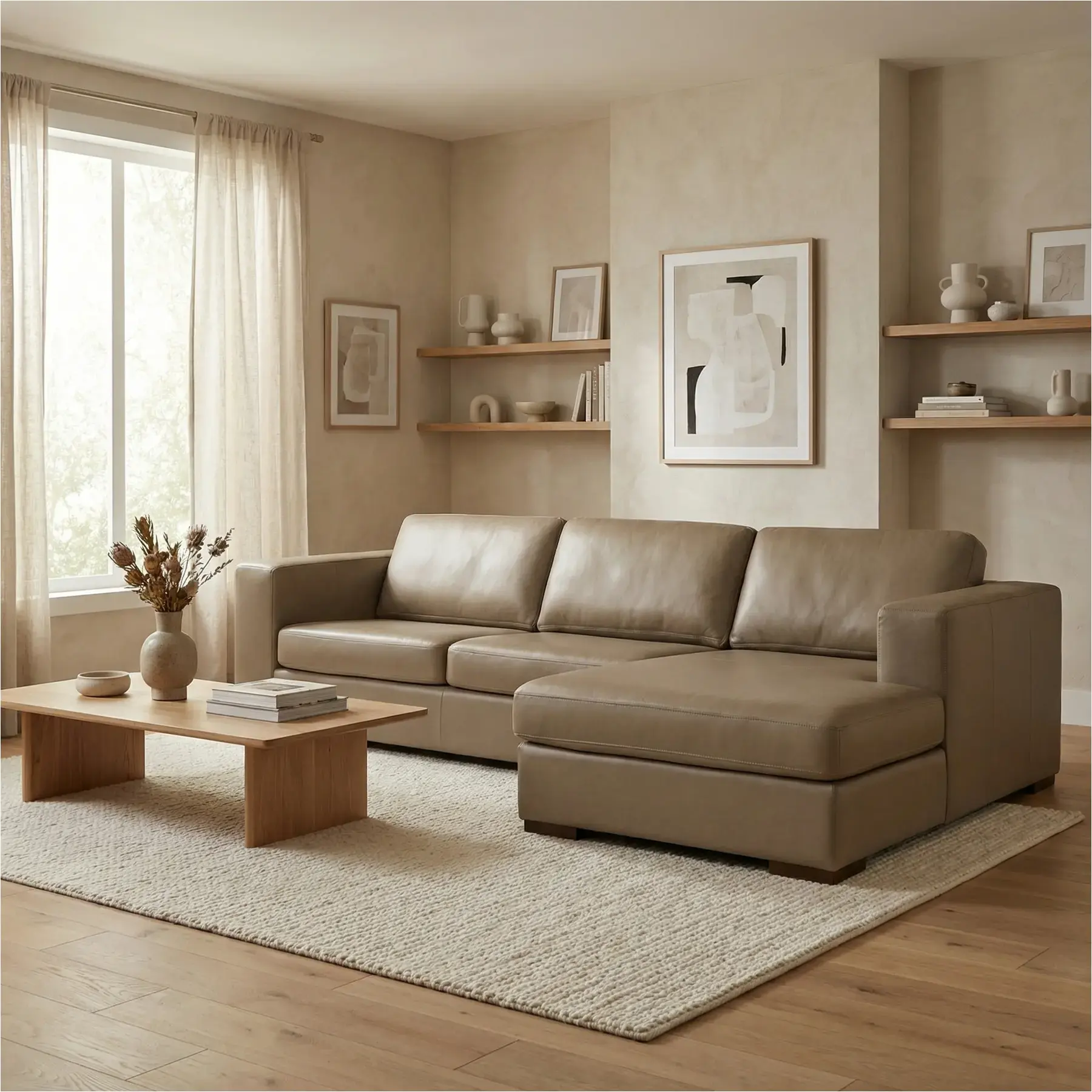 afbeelding van Leren hoekbank Flow - 2,5 zits arm links + longchair rechts - Granada Taupe (taupe/bruin) - Poten hout bruin