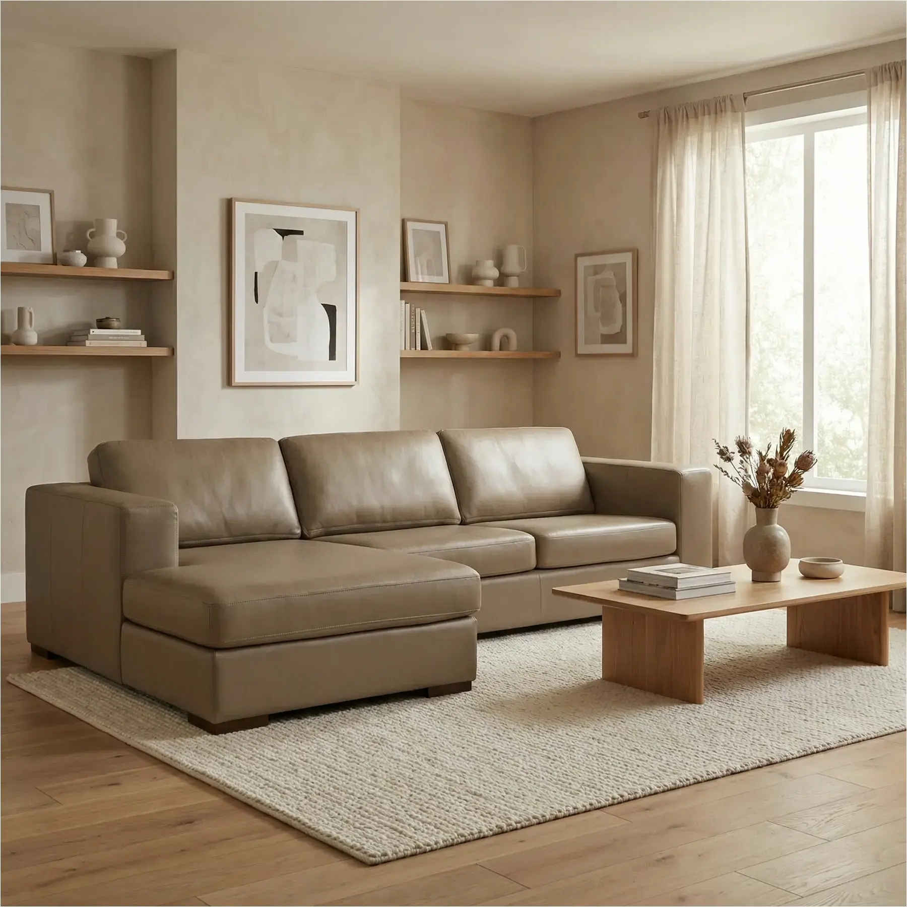 afbeelding van Leren hoekbank Flow - 2,5 zits arm rechts + longchair links - Granada Taupe (taupe/bruin) - Poten hout bruin