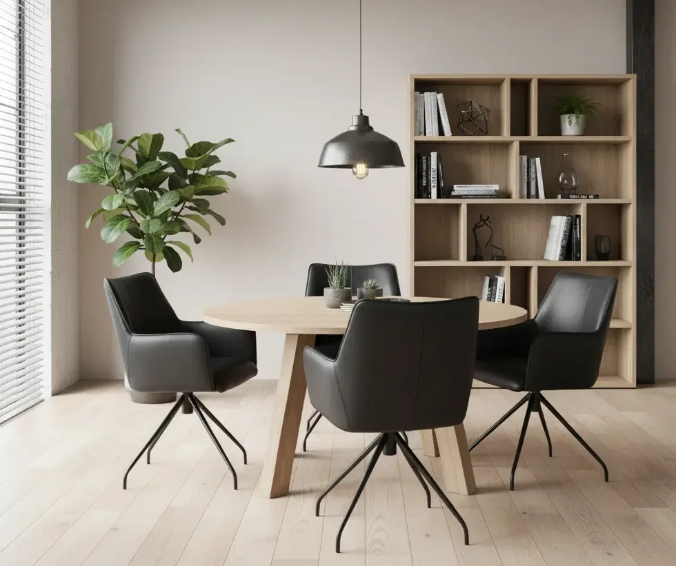 afbeelding van Leren draaibare eetkamerstoel Wave - Granada Black (zwart) - Spinpoot staal rond zwart